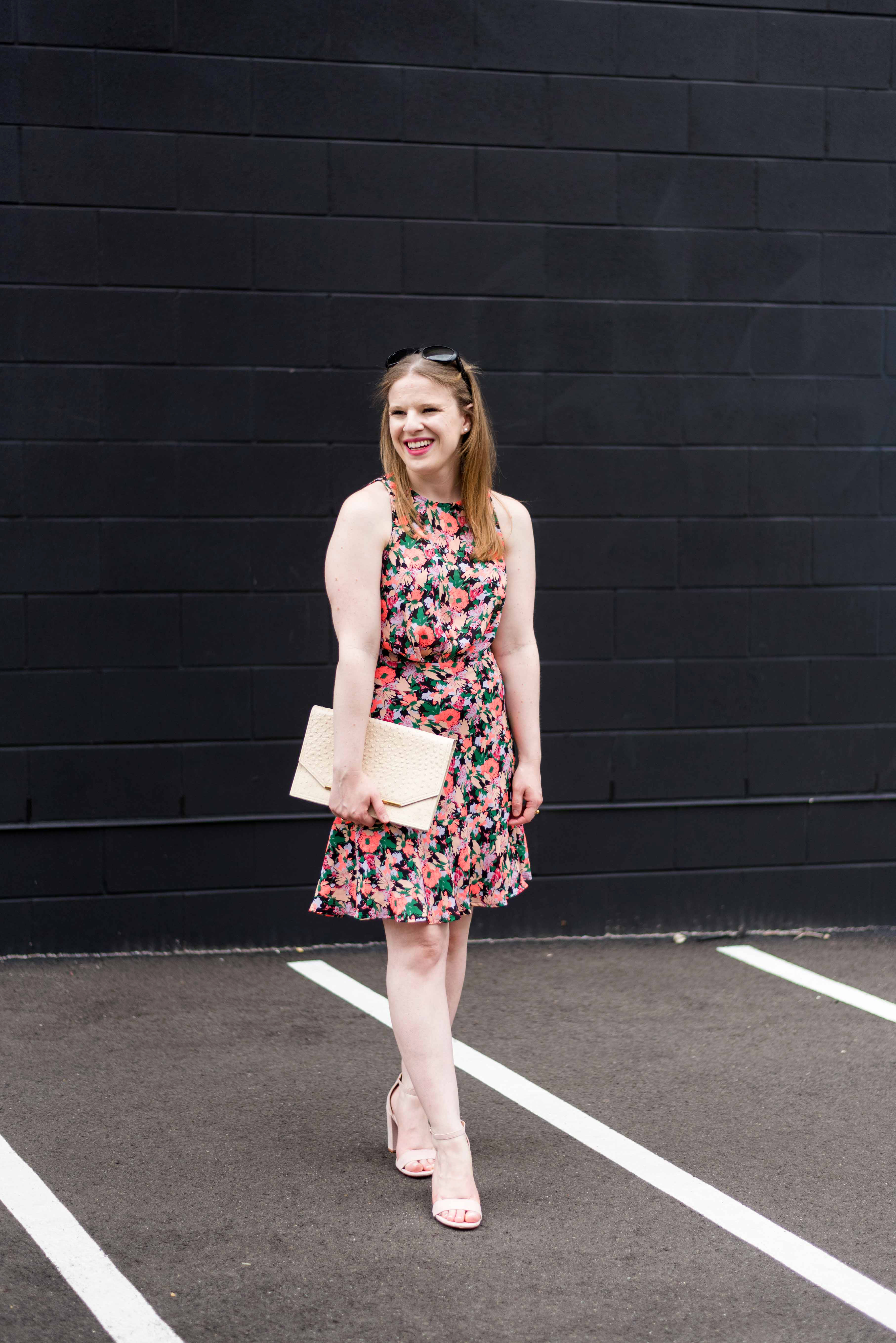 DC woman blogger wearing J.Crew Mercantile ruched-waist neon floral dress