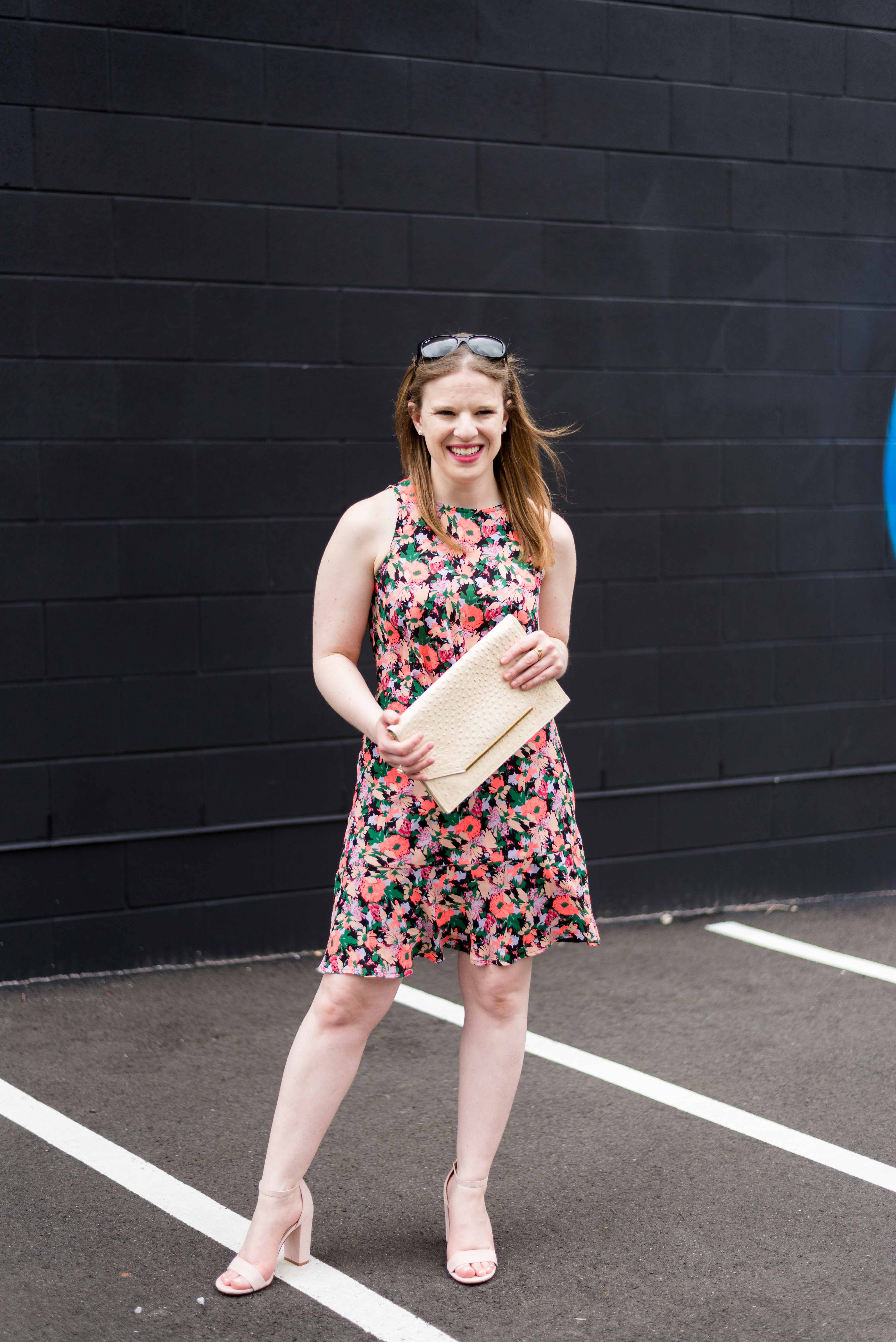 DC woman blogger wearing J.Crew Mercantile ruched-waist neon floral dress