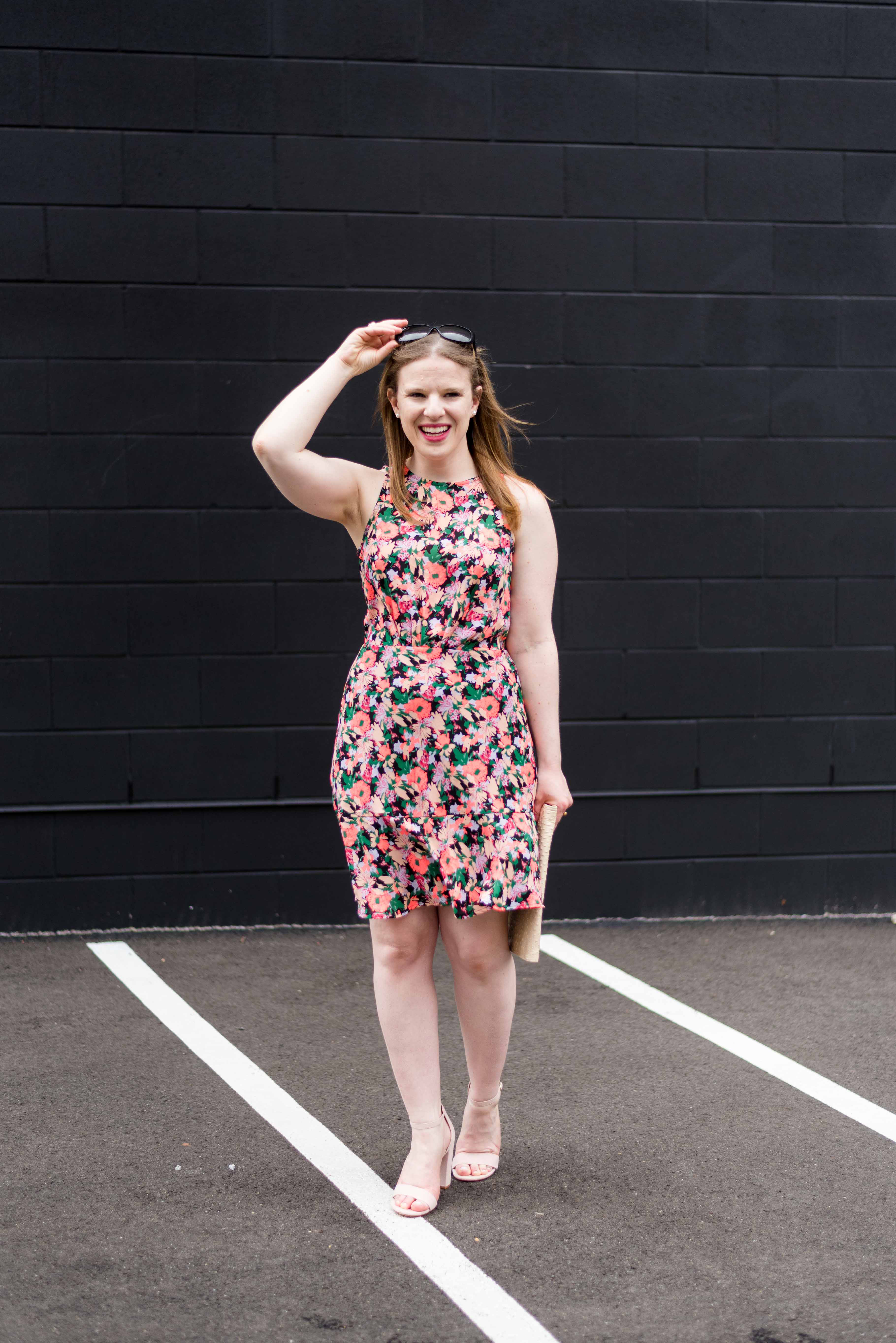 DC woman blogger wearing J.Crew Mercantile ruched-waist neon floral dress