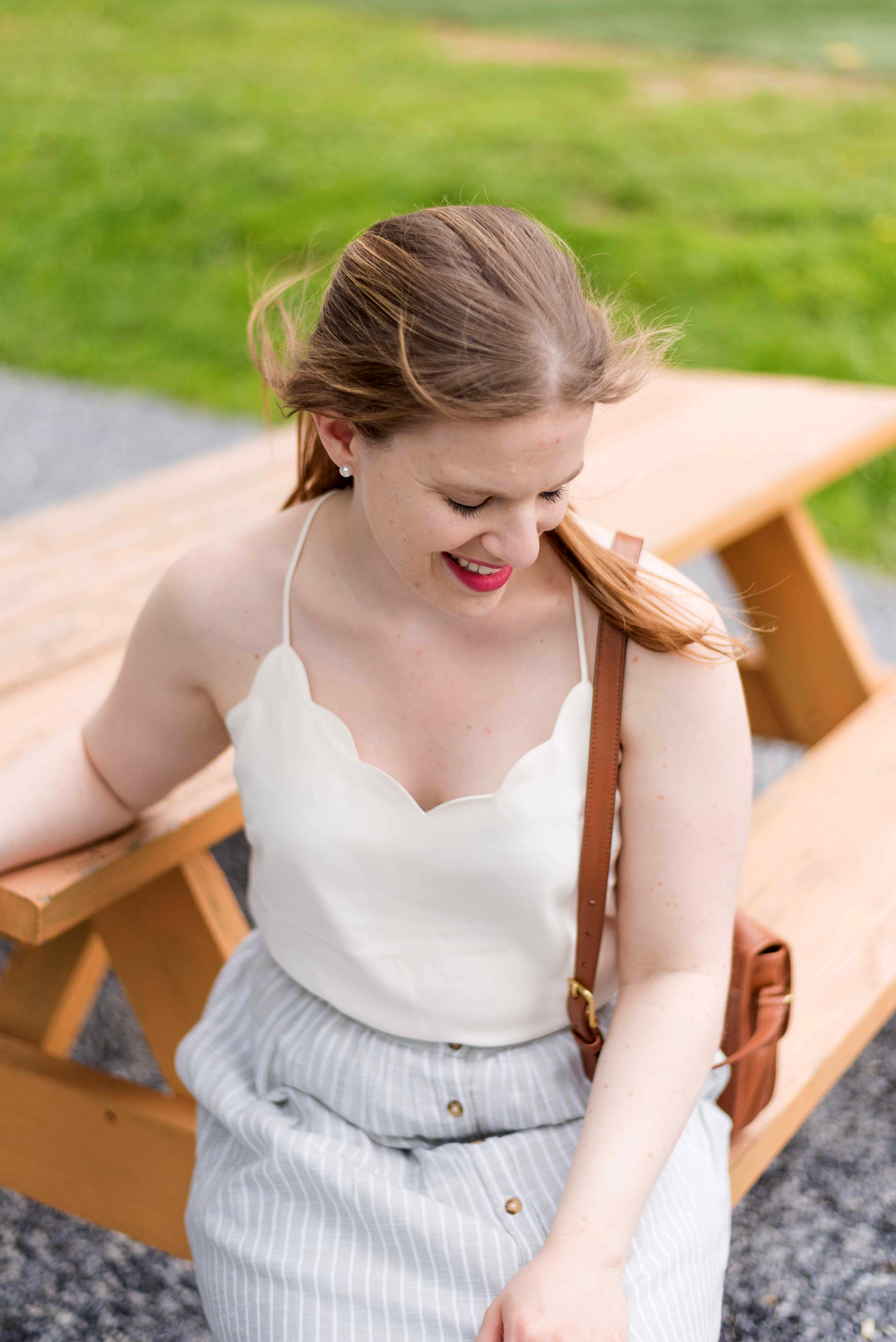 DC woman blogger wearing J.Crew Factory scalloped cami top