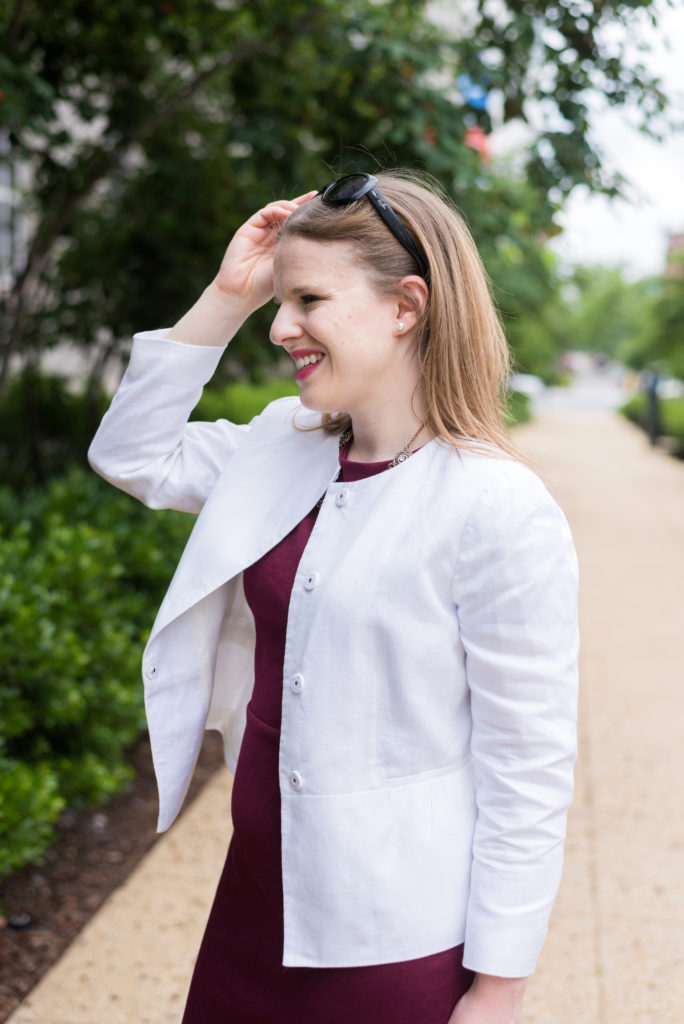 dc woman blogger wearing Talbots linen double-weave jacket