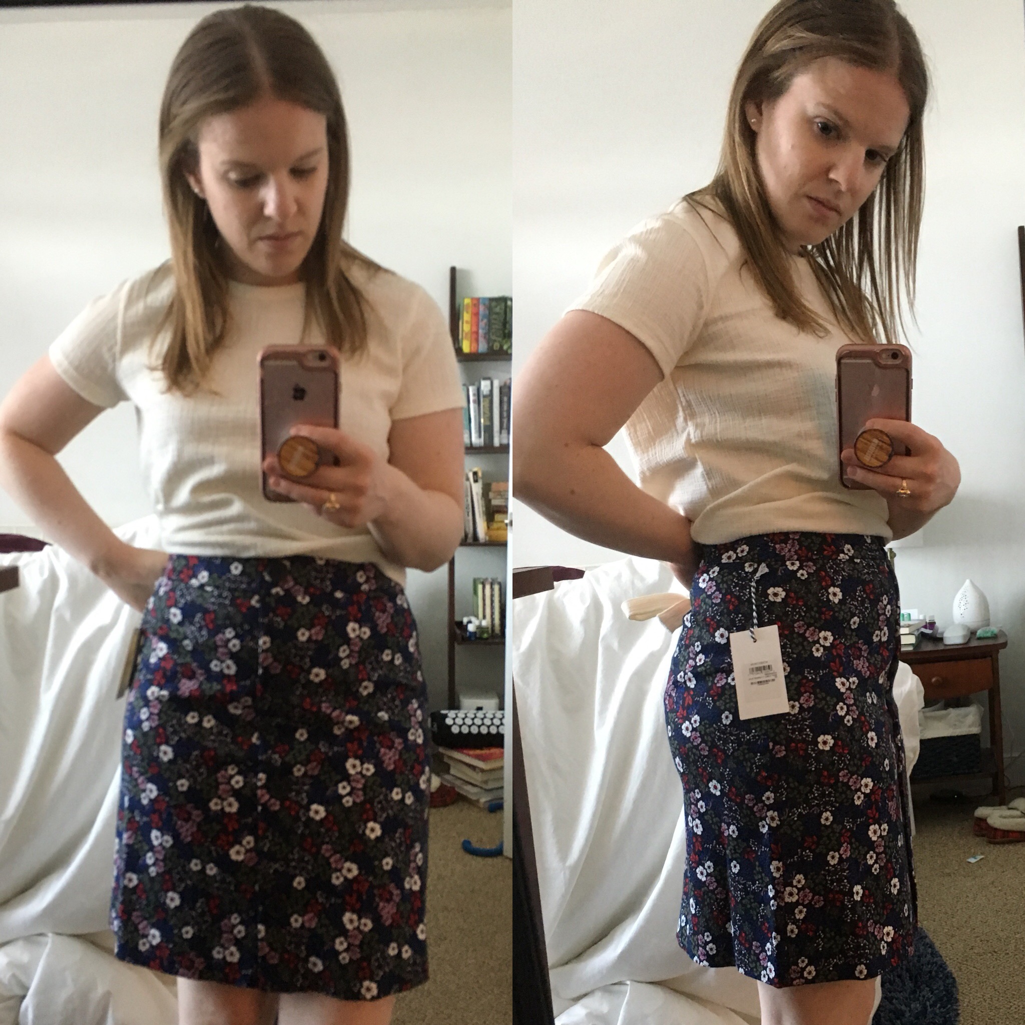 dc woman blogger wearing 1901 Button front floral skirt