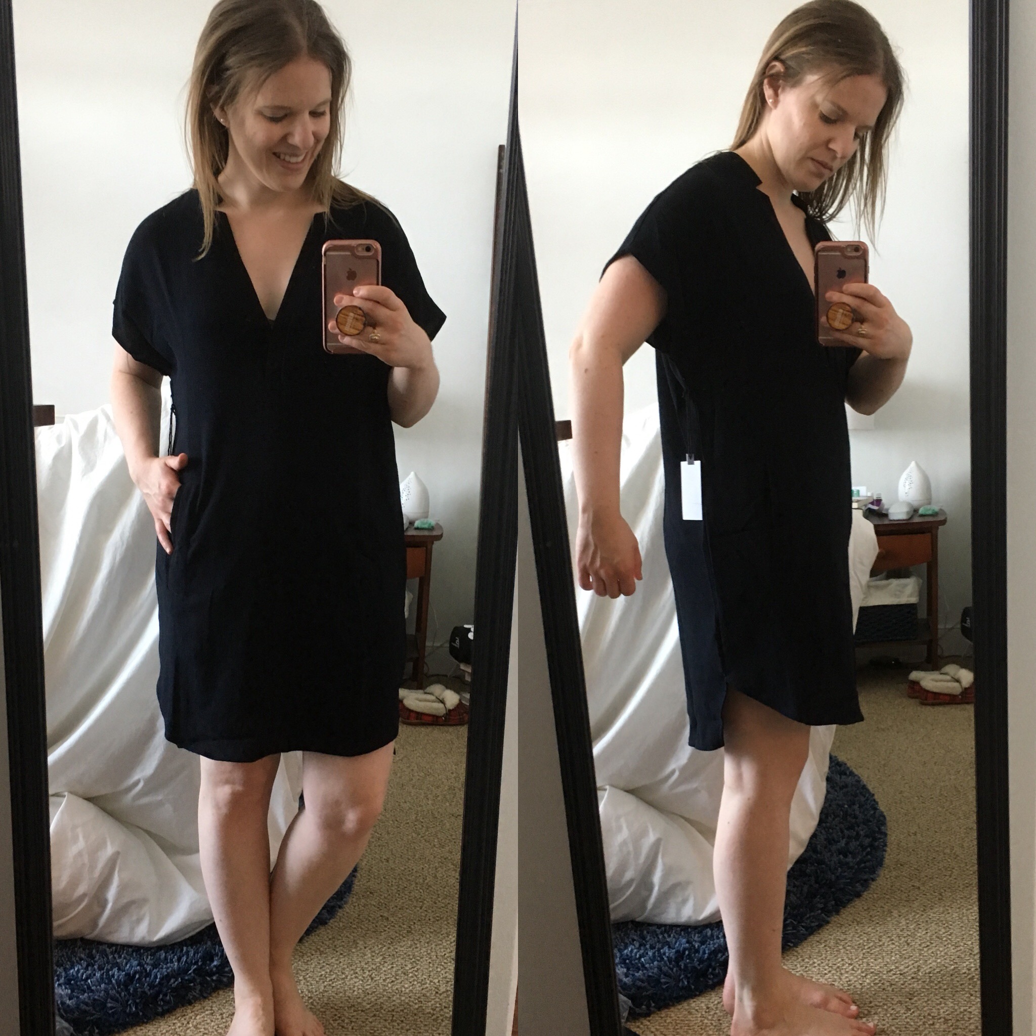 dc woman blogger wearing astr v-neck crepe shift dress
