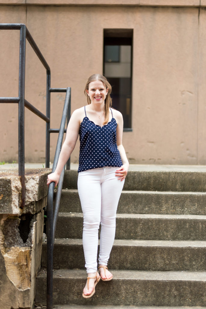 DC woman blogger wearing J.Crew Factory Printed scalloped cami top