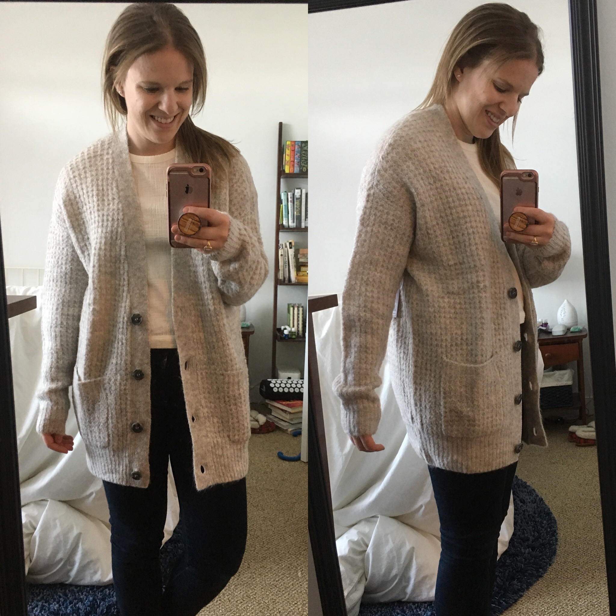 dc woman blogger wearing bp oversized waffle stitch cardigan