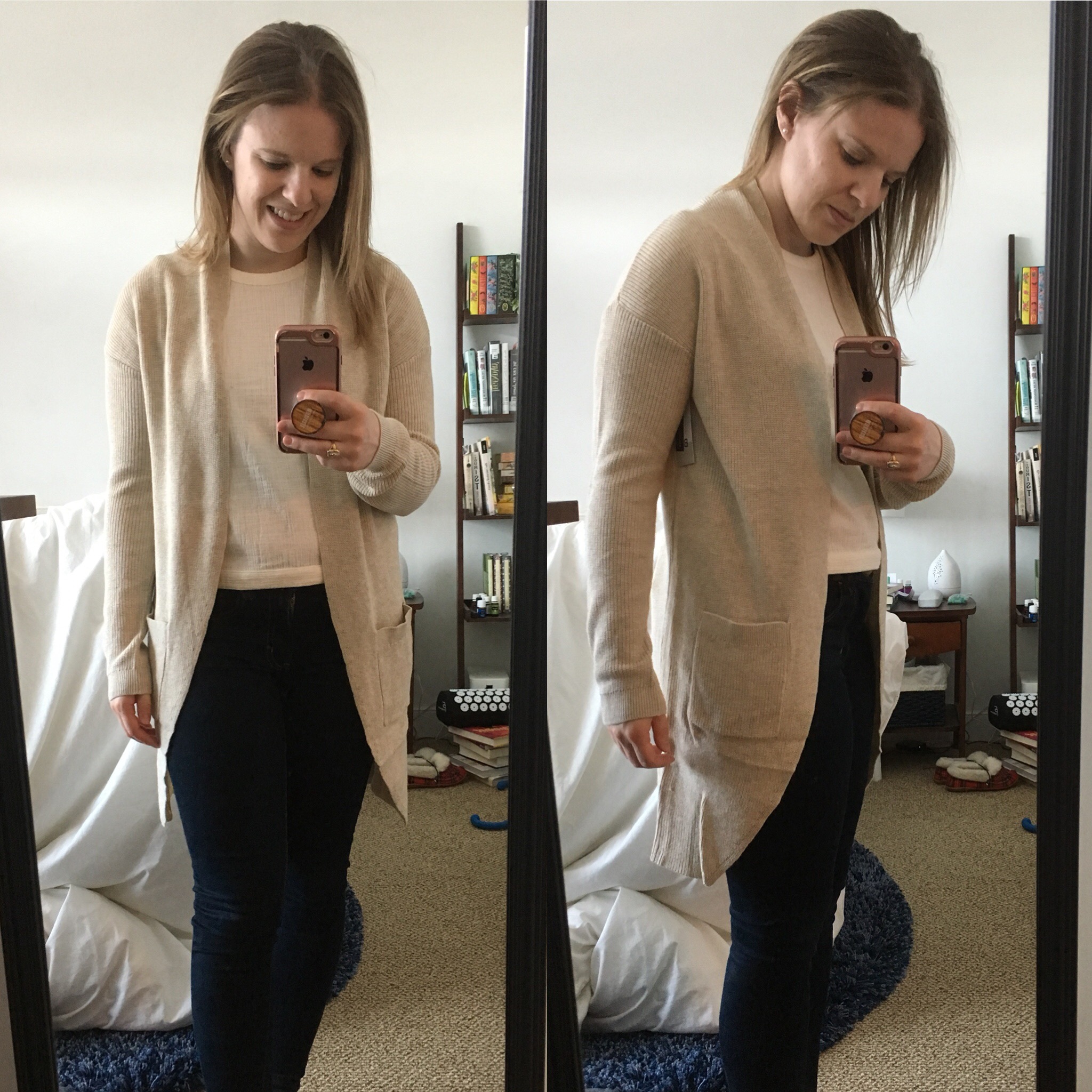 dc woman blogger wearing bp stitch curve hem cardigan