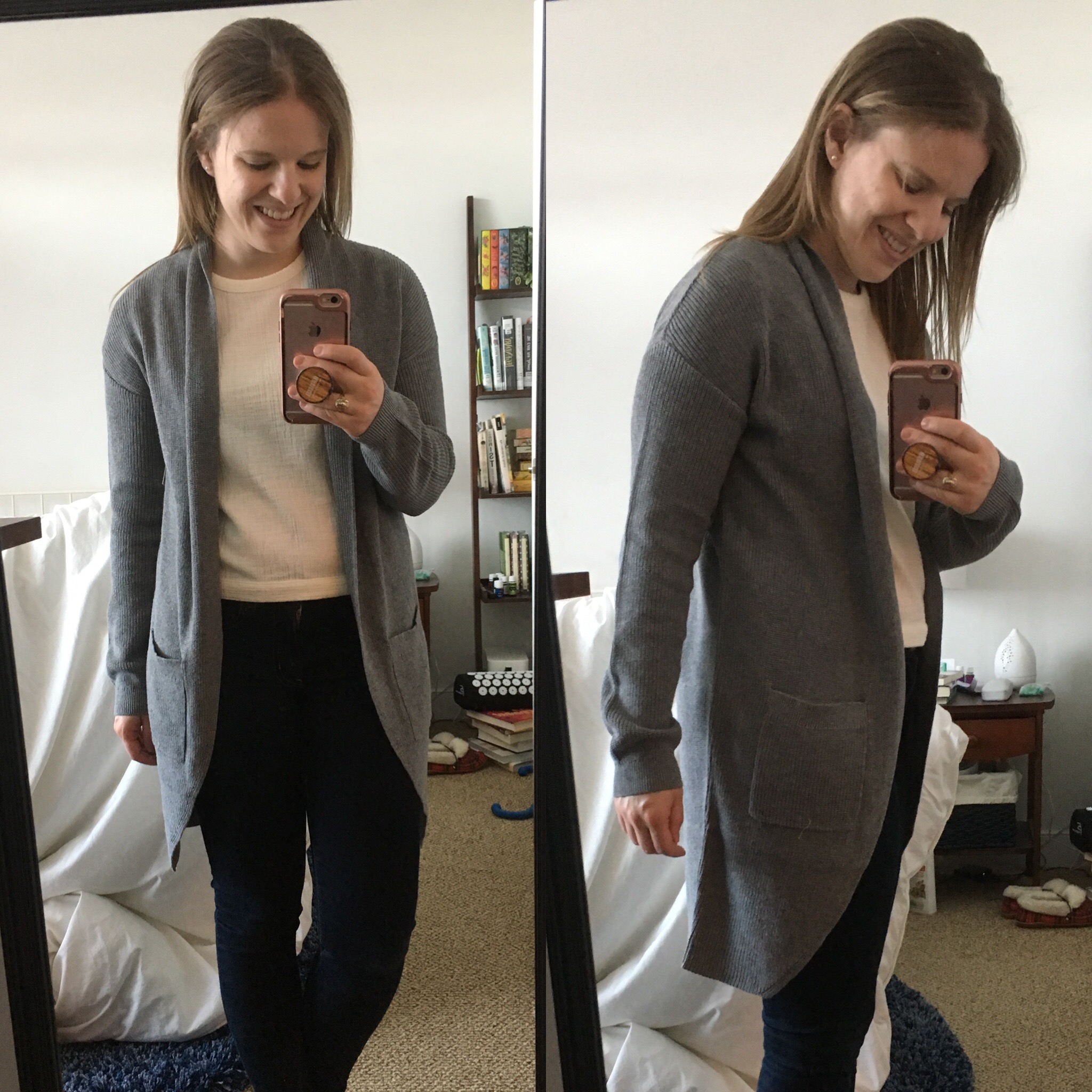 dc woman blogger wearing bp stitch curve hem cardigan