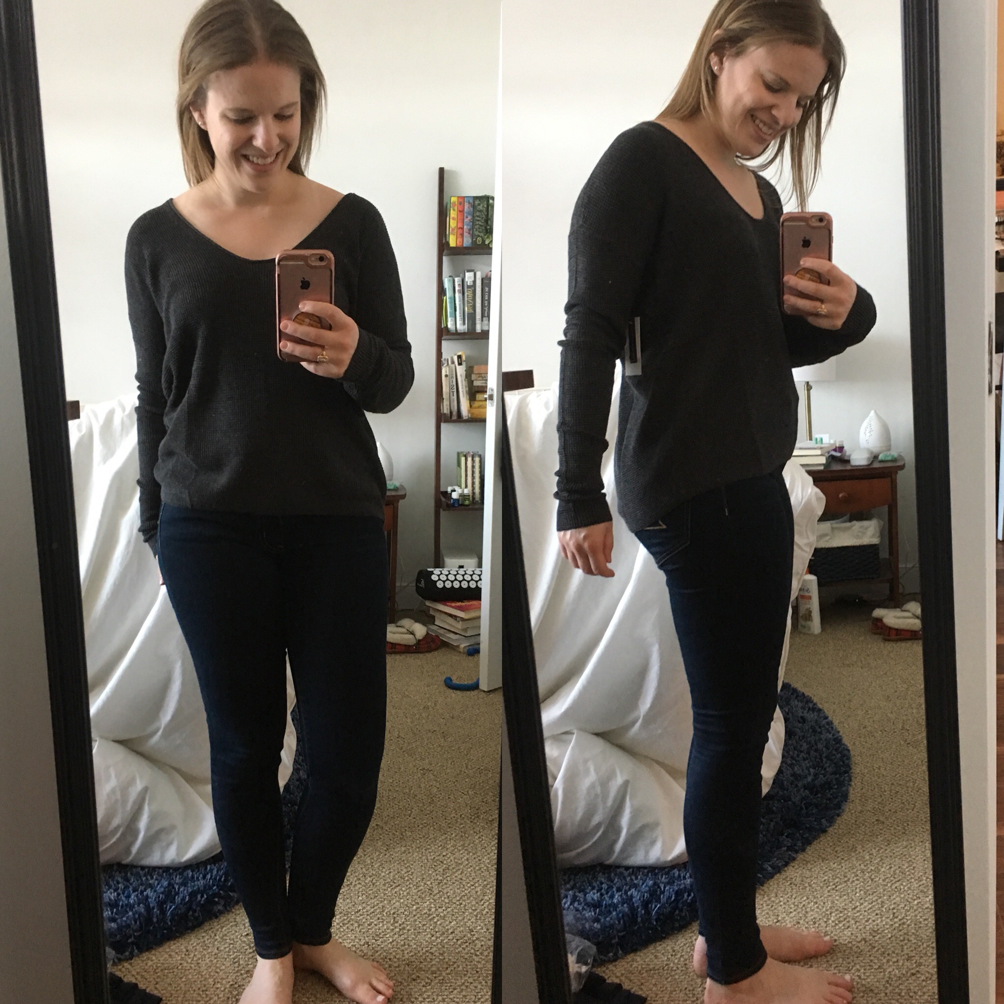dc woman blogger wearing bp textured stitch v-neck pullover