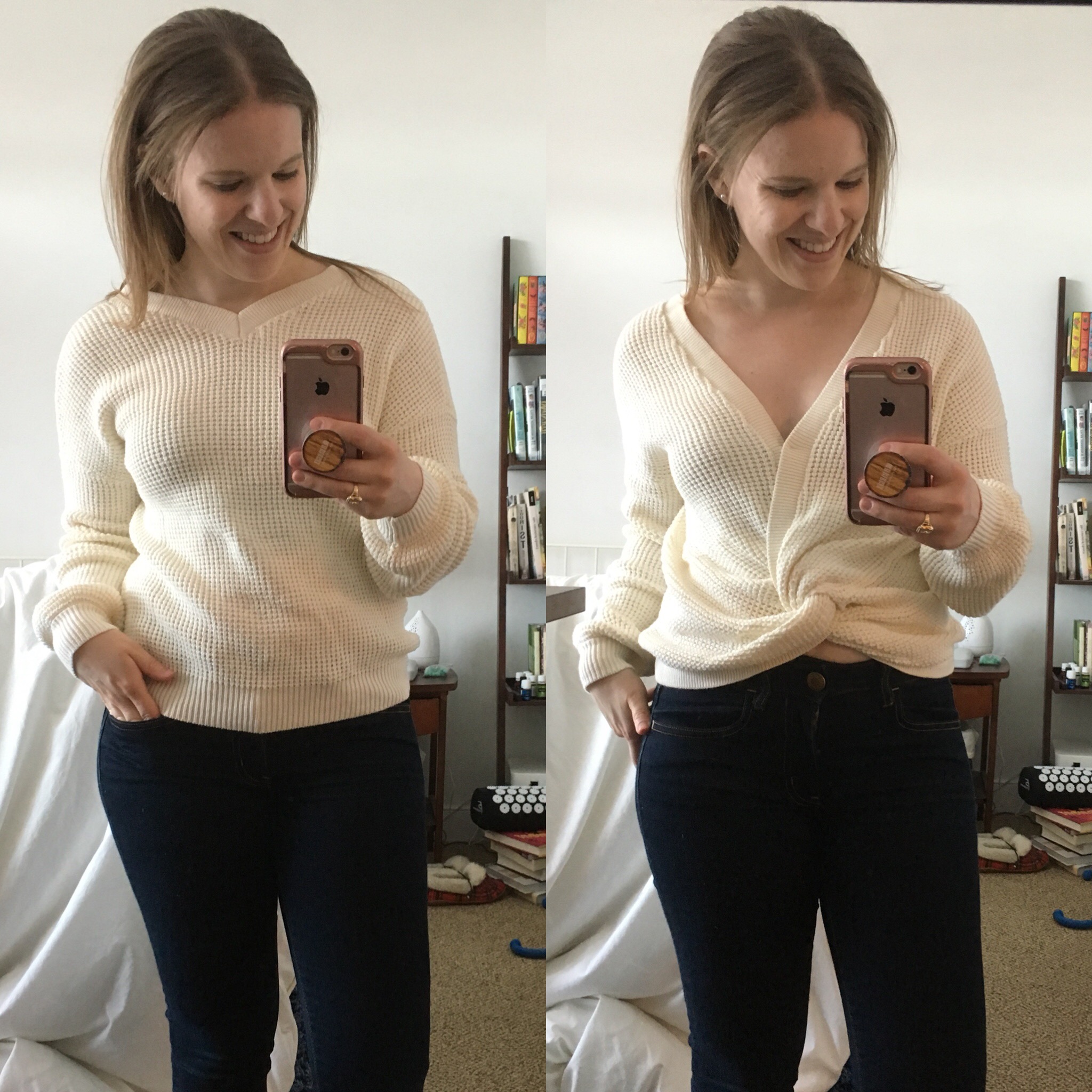 dc woman blogger wearing bp twist front sweater
