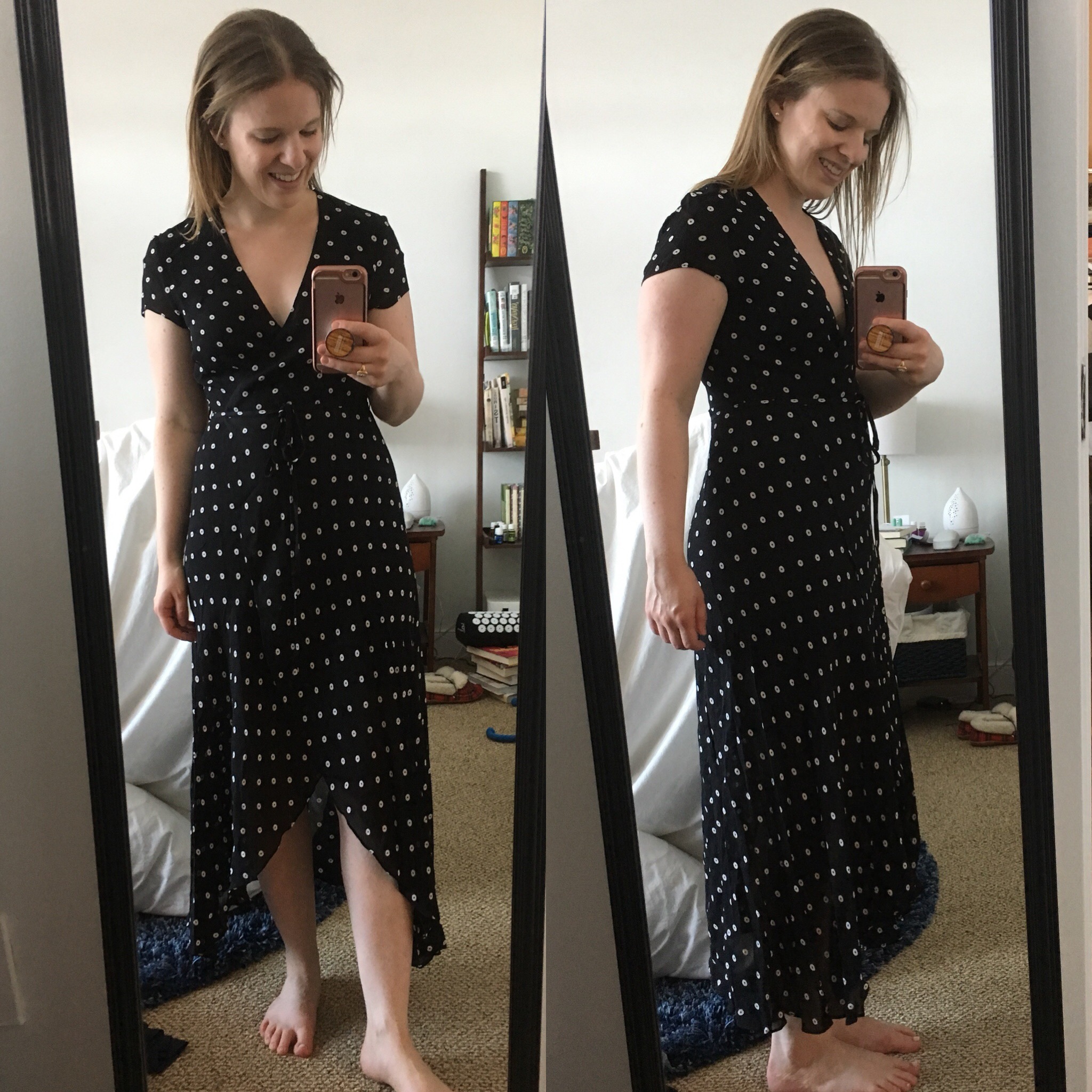 dc woman blogger wearing bardot dotted faux wrap midi dress