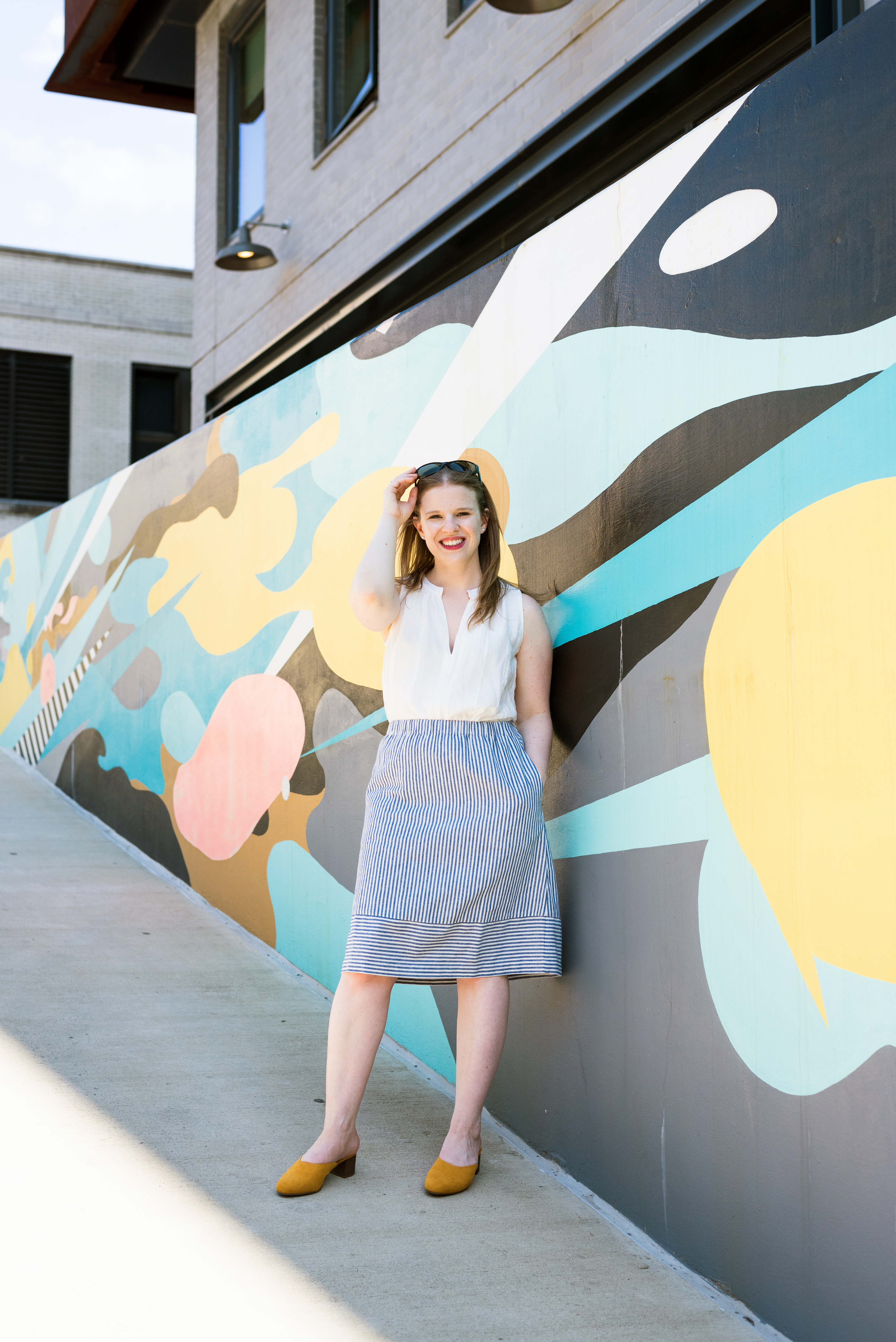 DC woman blogger wearing J.Crew Factory striped cotton-linen midi skirt