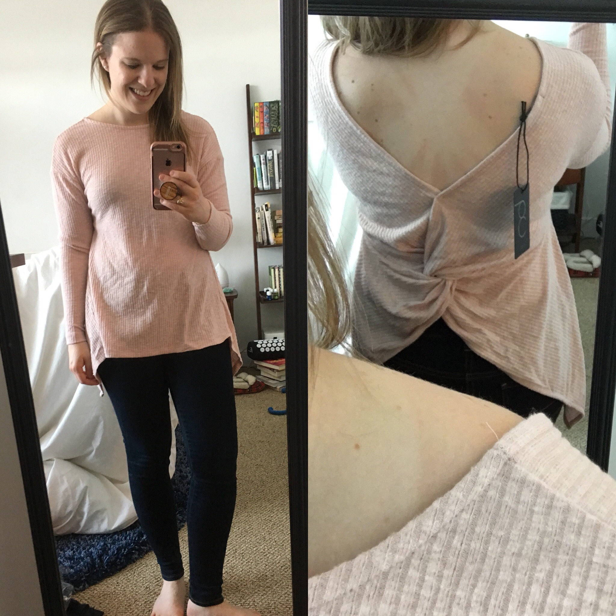 dc woman blogger wearing gibson ribbed cozy fleece twist-back top