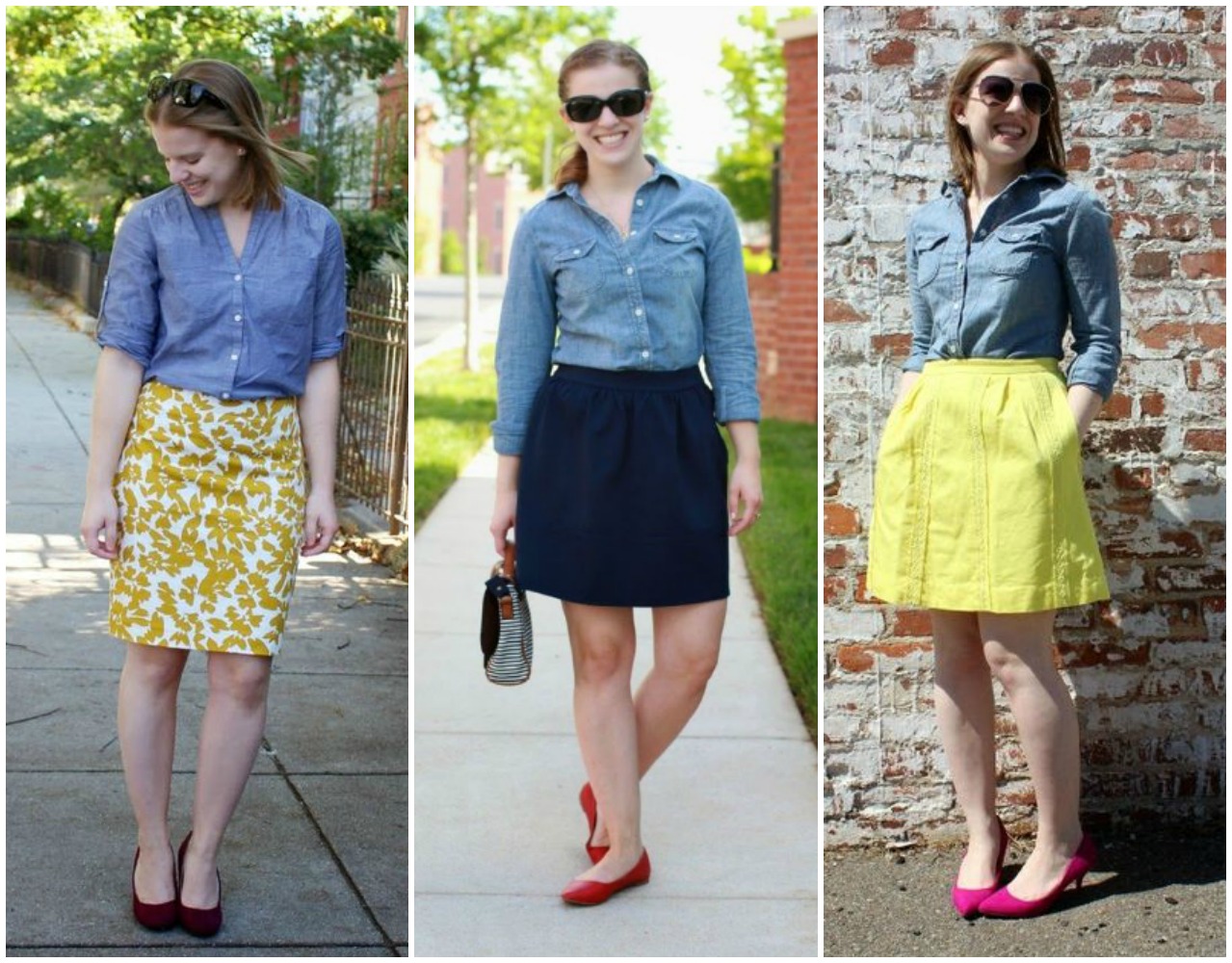 woman wearing chambray top with yellow skirt, blue skirt with chambray top and red shoes