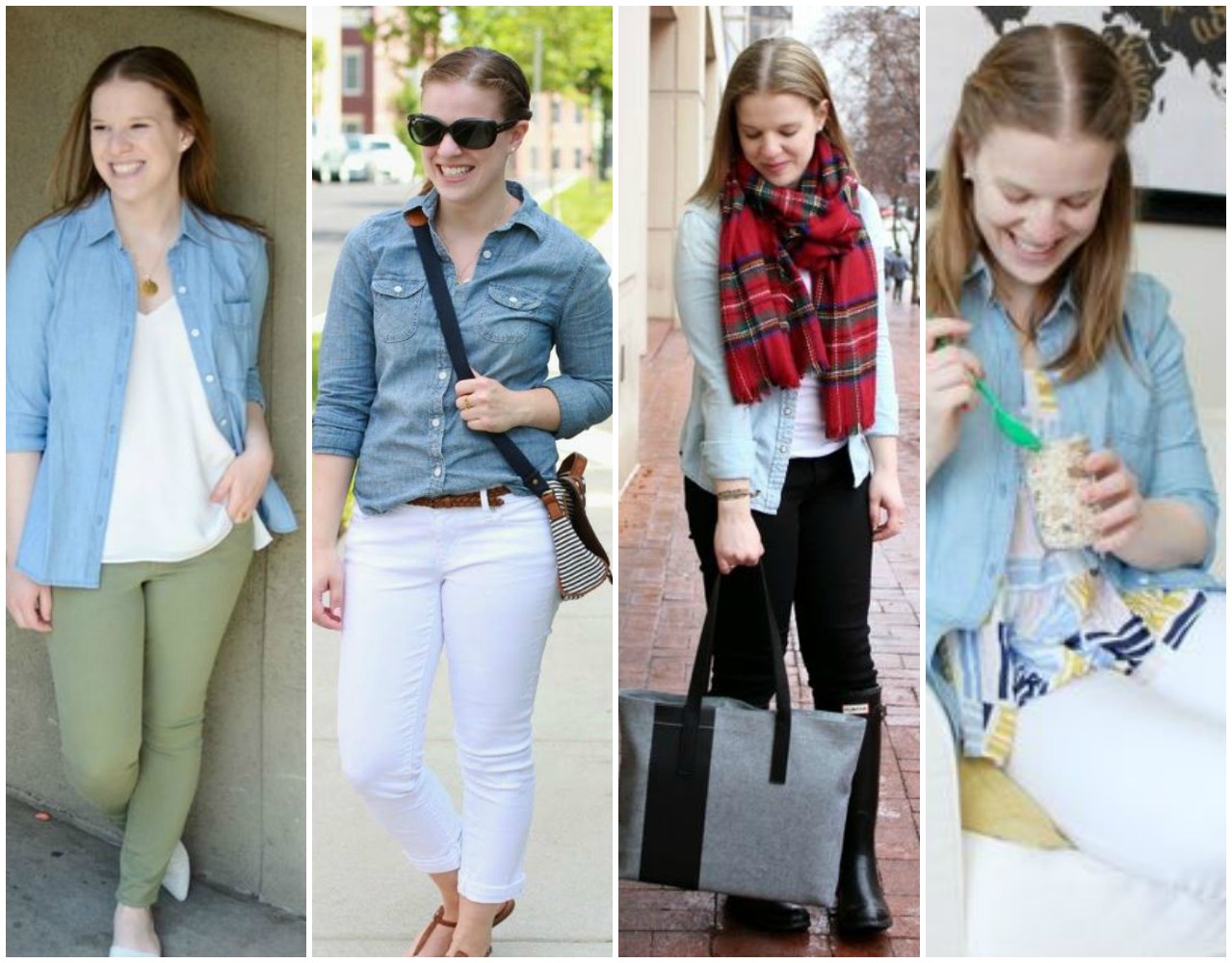 woman wearing chambray shirt, black jeans, white skinny jeans, green skinny jeans, gray bag