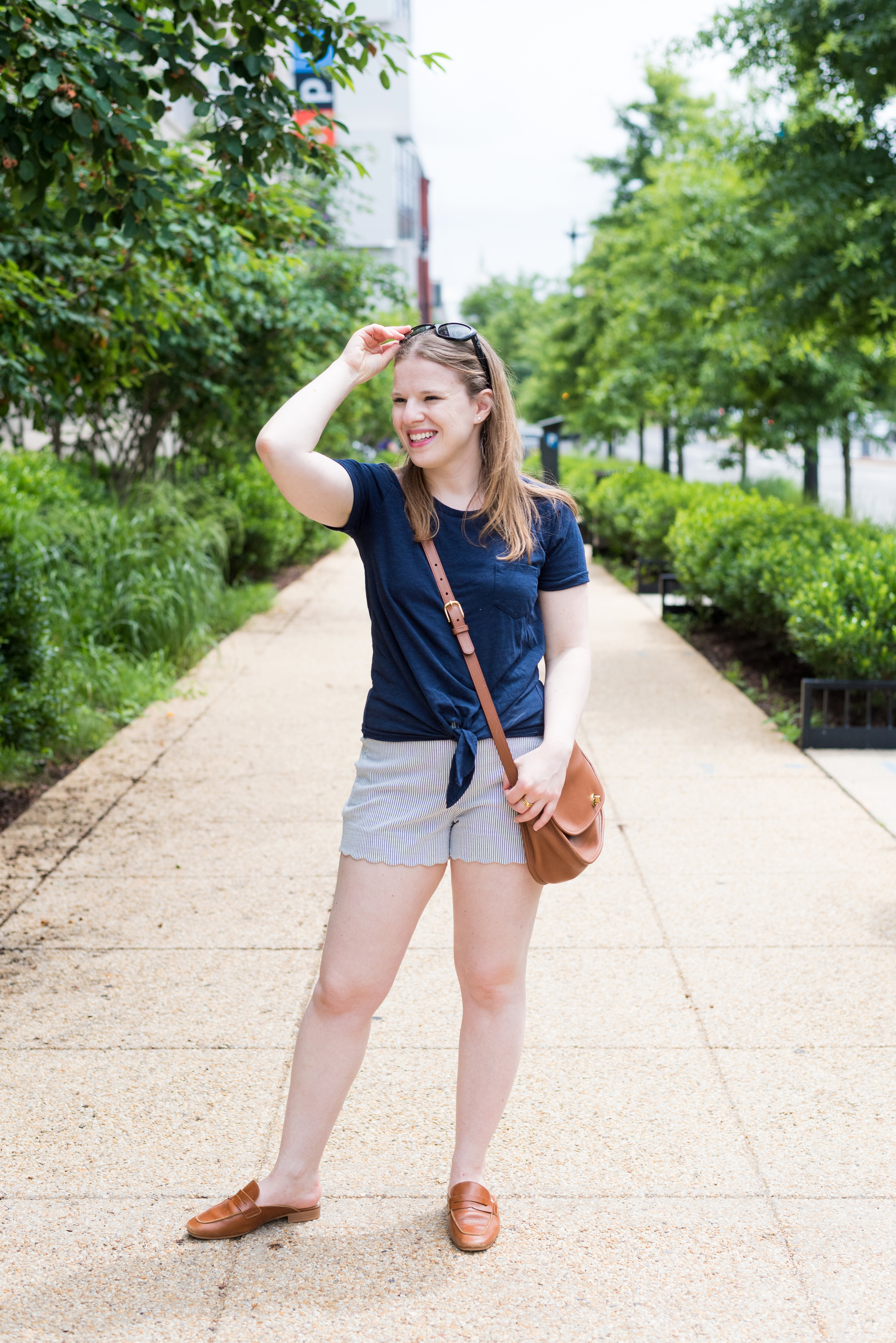 DC woman blogger wearing J.Crew Scallop Seersucker Shorts, how to be stylish on a budget