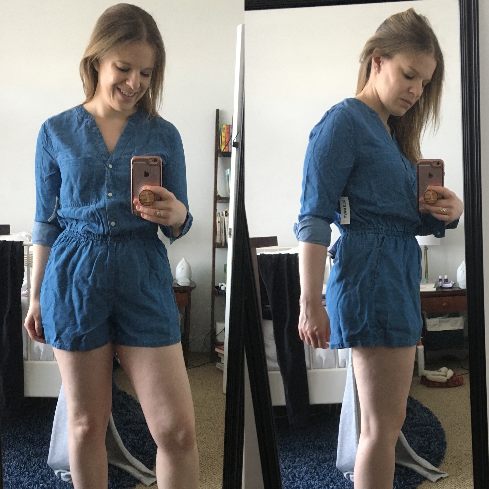 DC woman blogger wearing Old Navy Button-Front Tencel Utility Romper