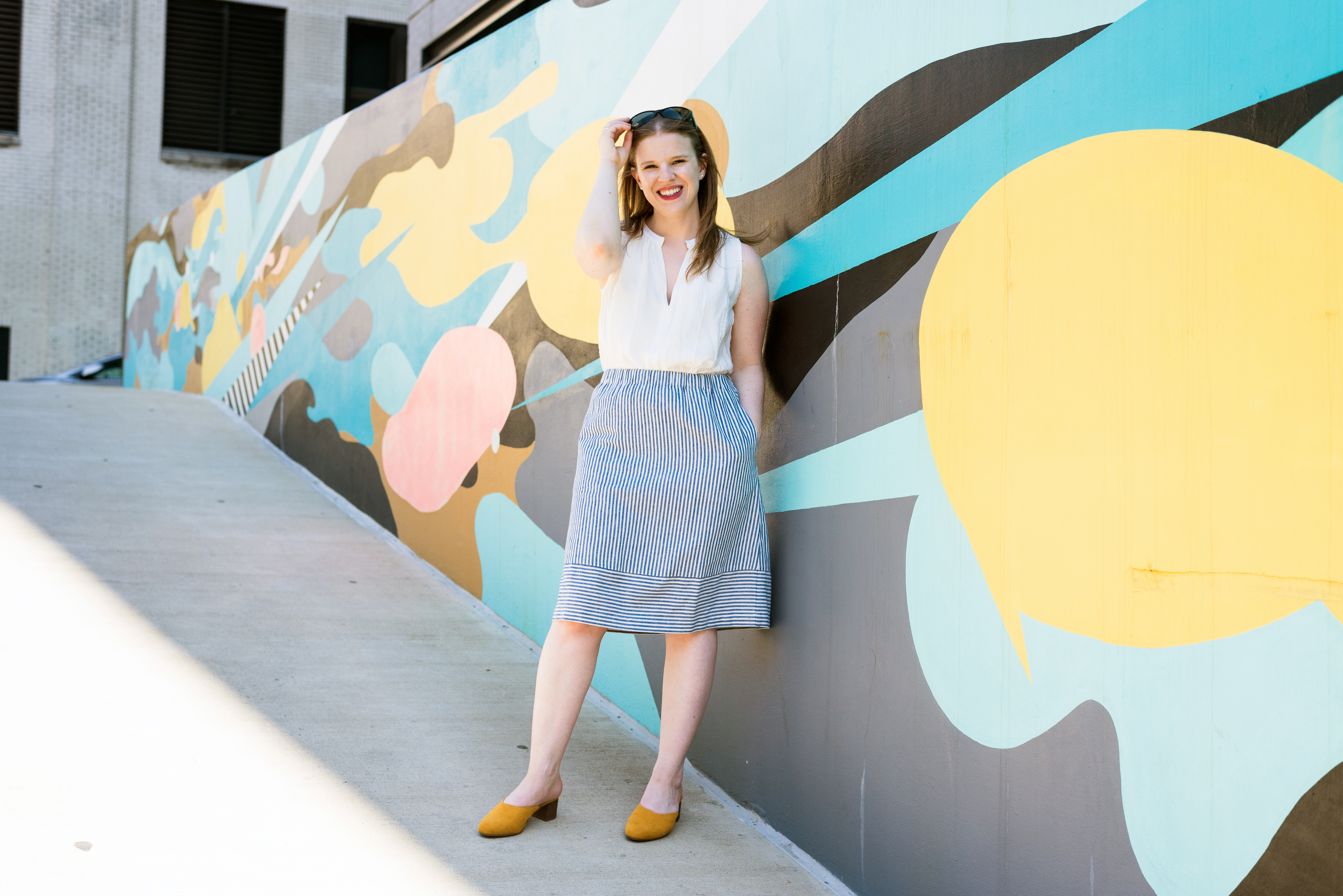 DC woman blogger wearing J.Crew Factory striped cotton-linen midi skirt