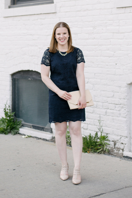 dc style blogger in summer cocktail wedding guest dress, short sleeve navy lace dress and nude pumps