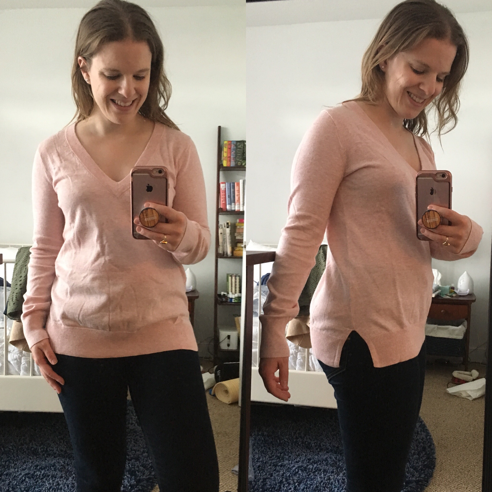 DC woman blogger wearing J.Crew Factory cotton v-neck sweater