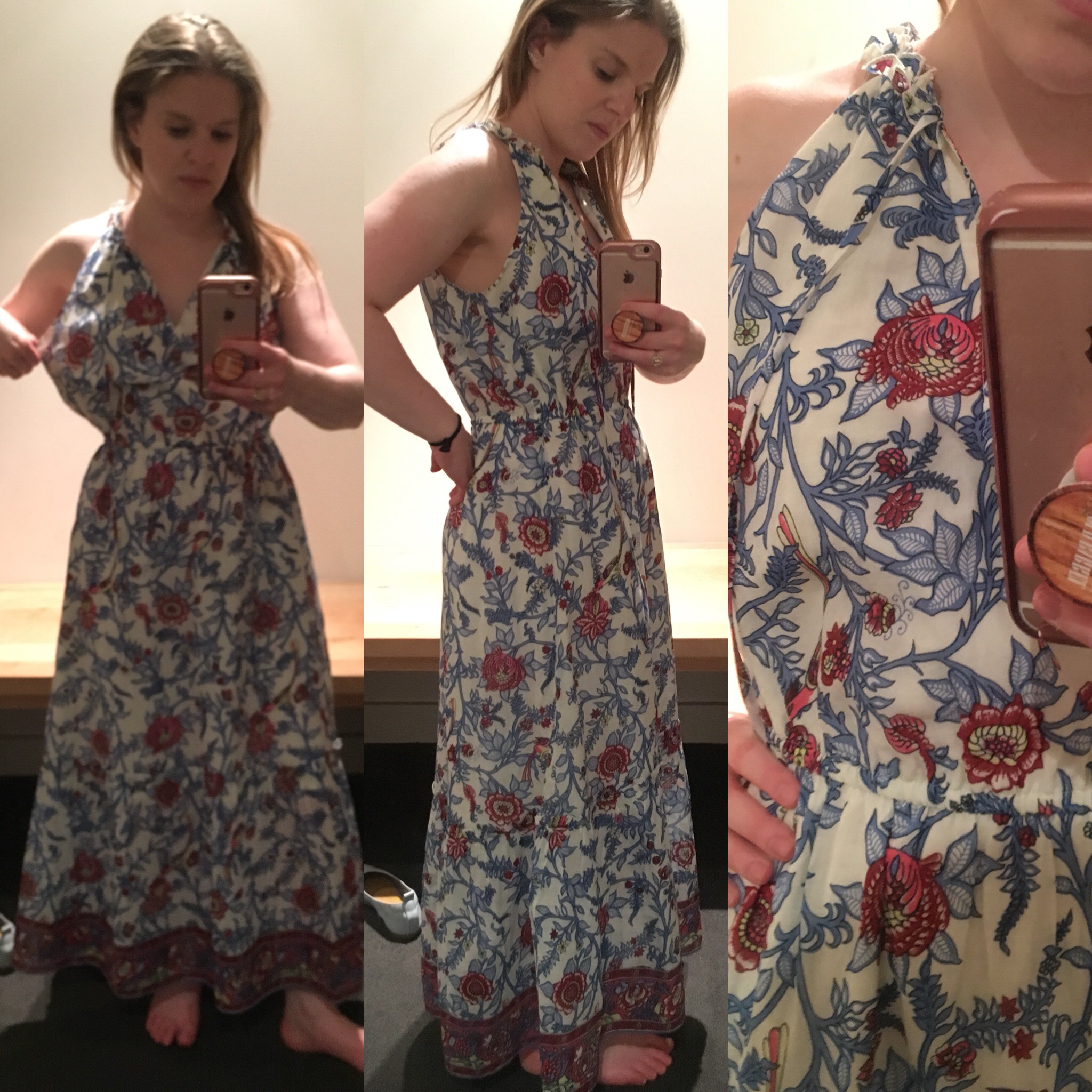 DC woman blogger wearing J.Crew Point Sur ruffle-front block print maxi dress, j.crew dressing room fail