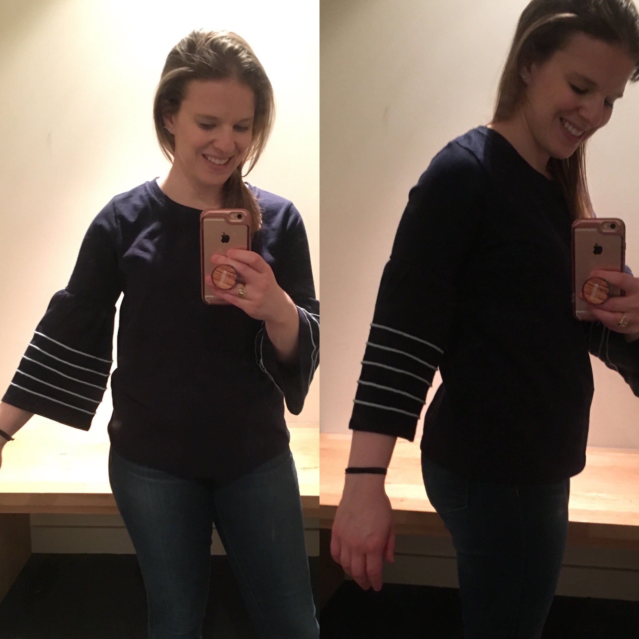 DC woman blogger wearing J.Crew bell sleeve top with piping, j.crew dressing room fail