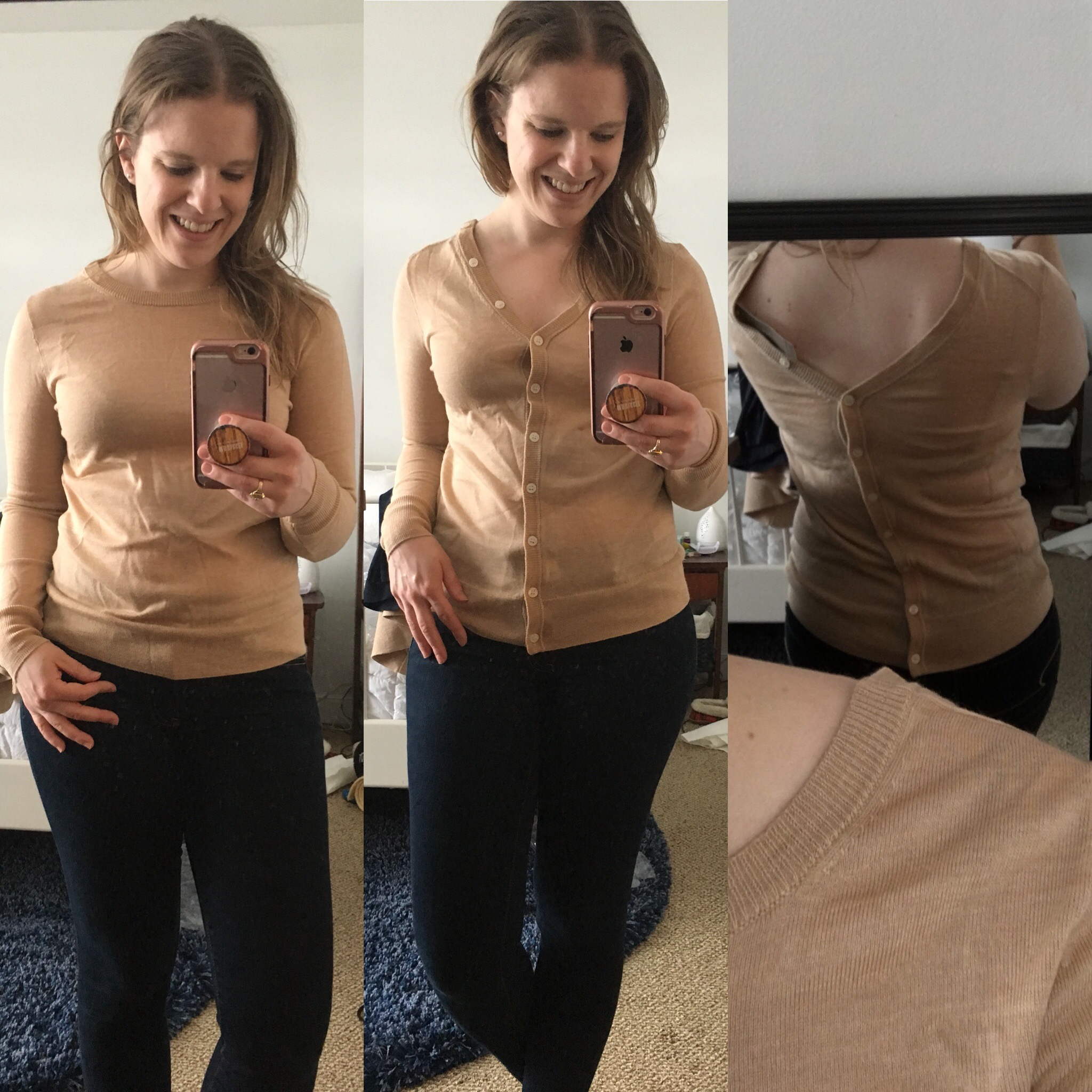 DC woman blogger wearing J.Crew reversible button-back sweater