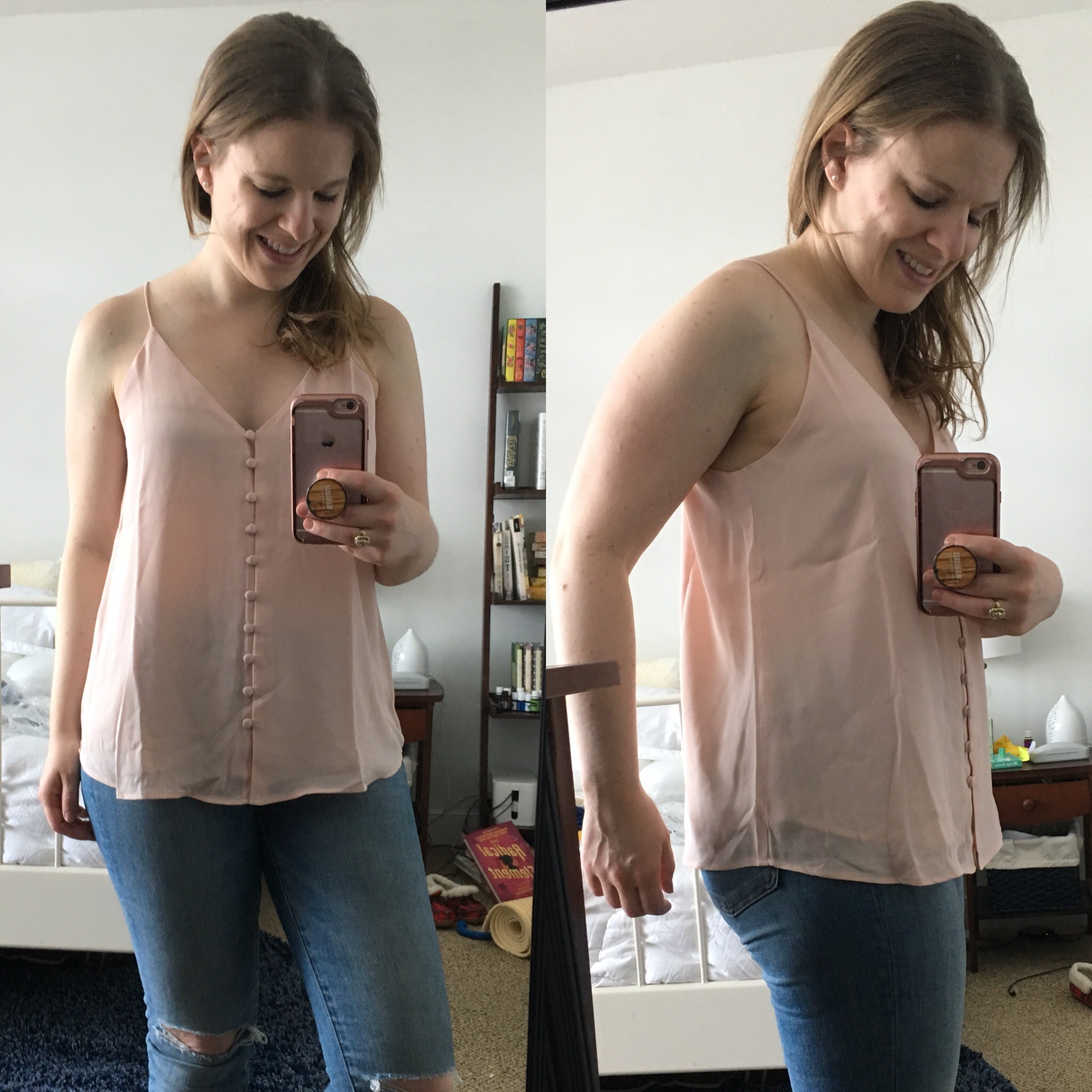 DC woman blogger wearing Loft covered button down strappy cami