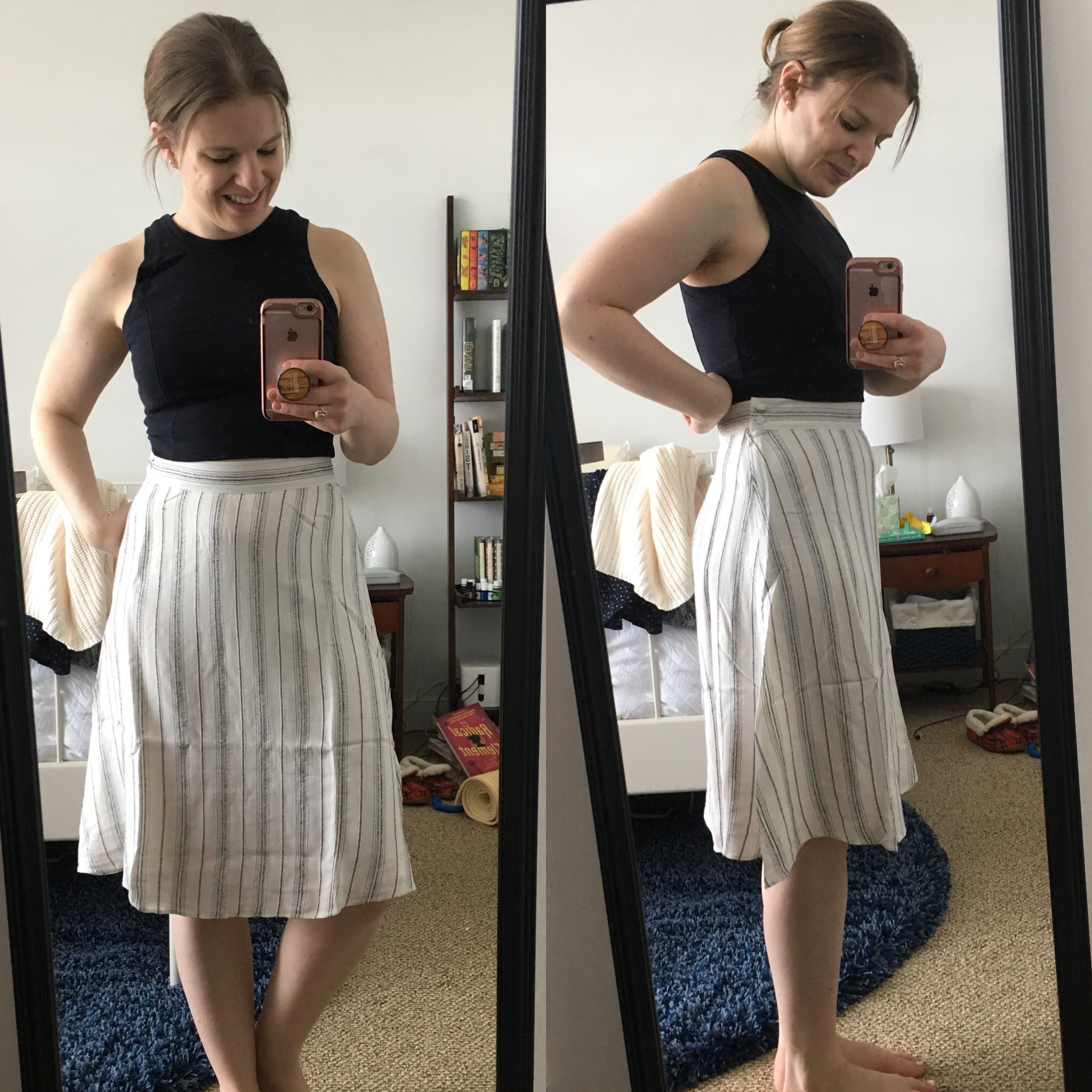 DC woman blogger wearing Loft petite striped midi skirt