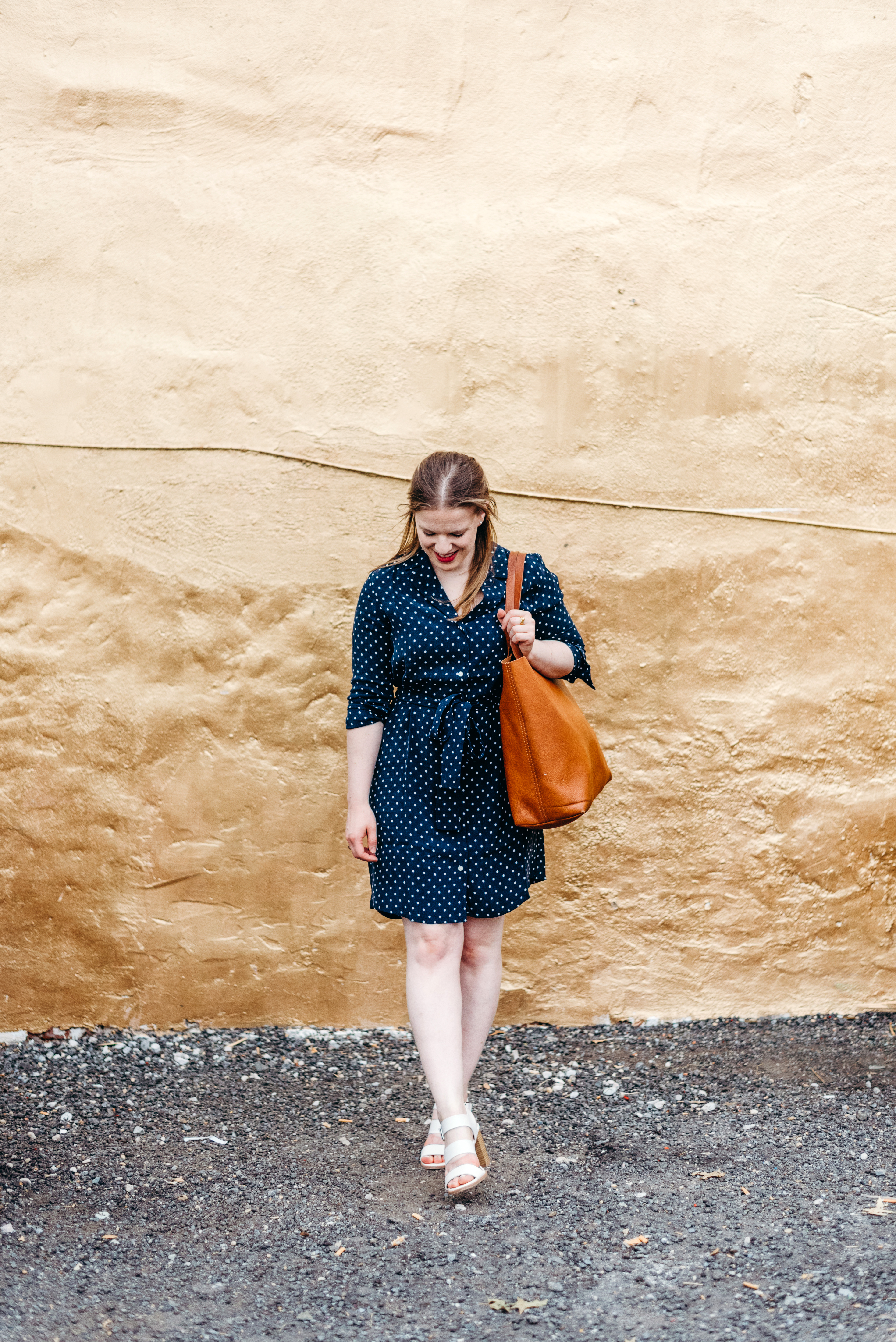 DC woman blogger wearing Everlane the Polka Dot Shirt Dress