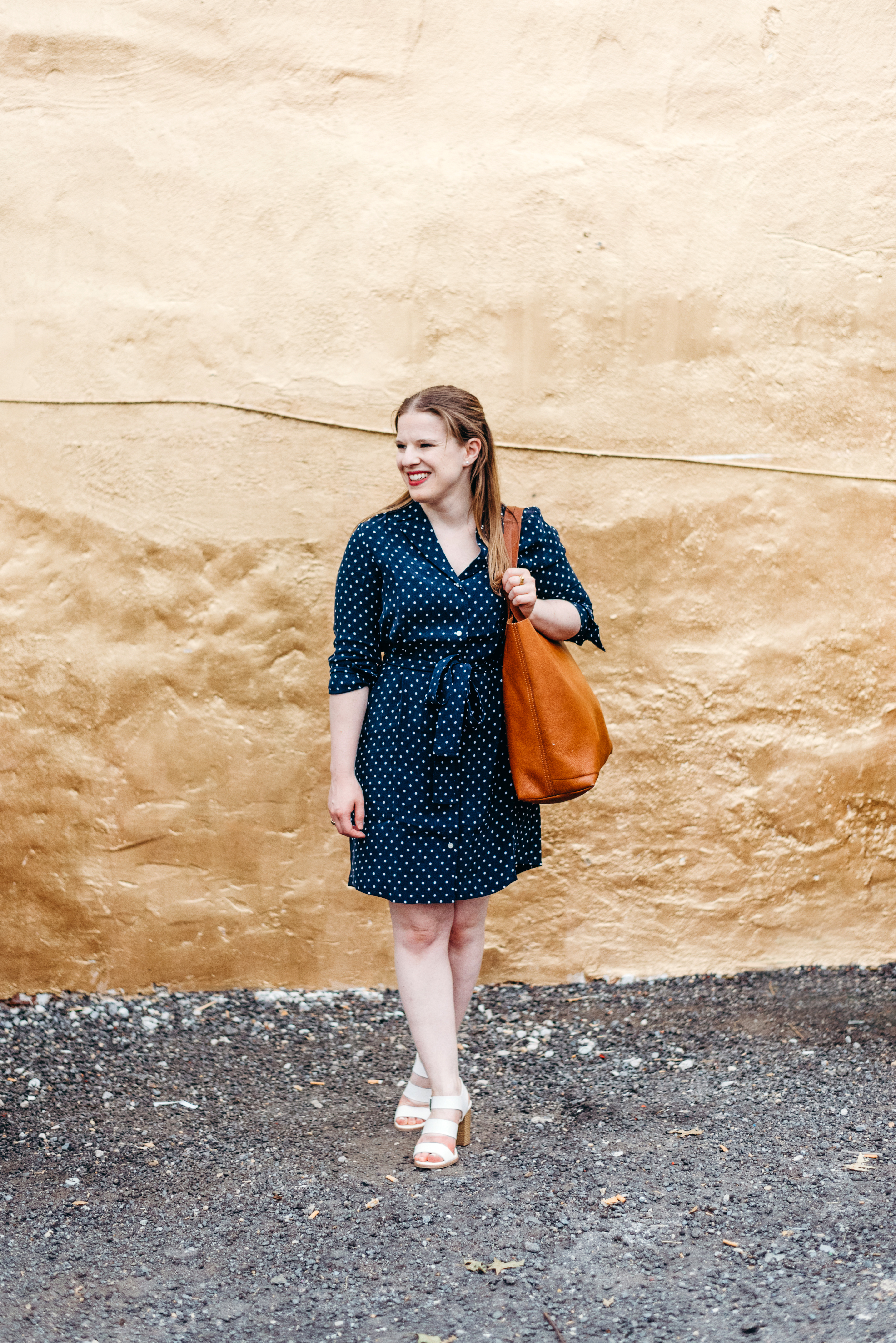 DC woman blogger wearing Everlane the Polka Dot Shirt Dress