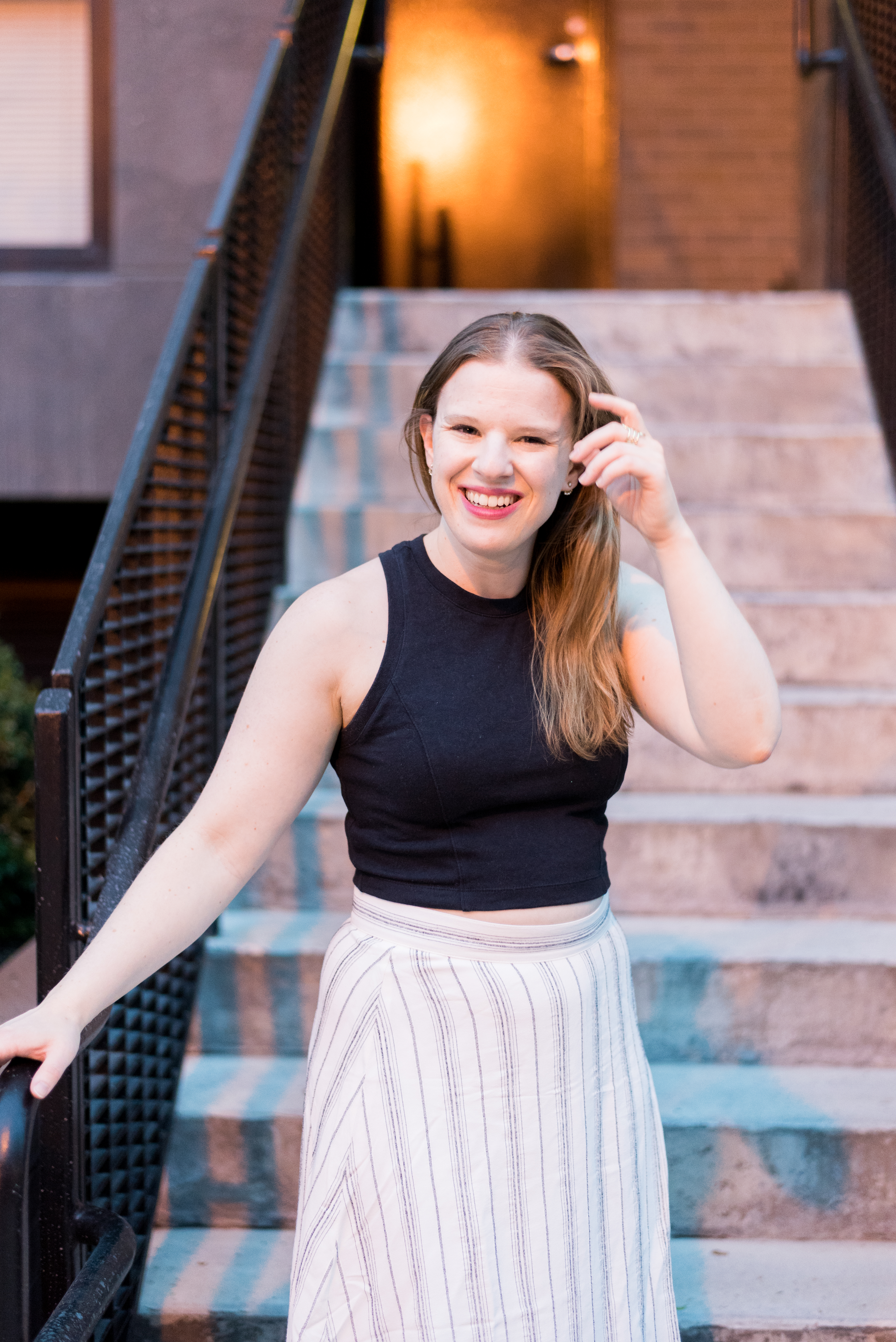 DC woman blogger wearing Loft Petite Striped Midi Skirt