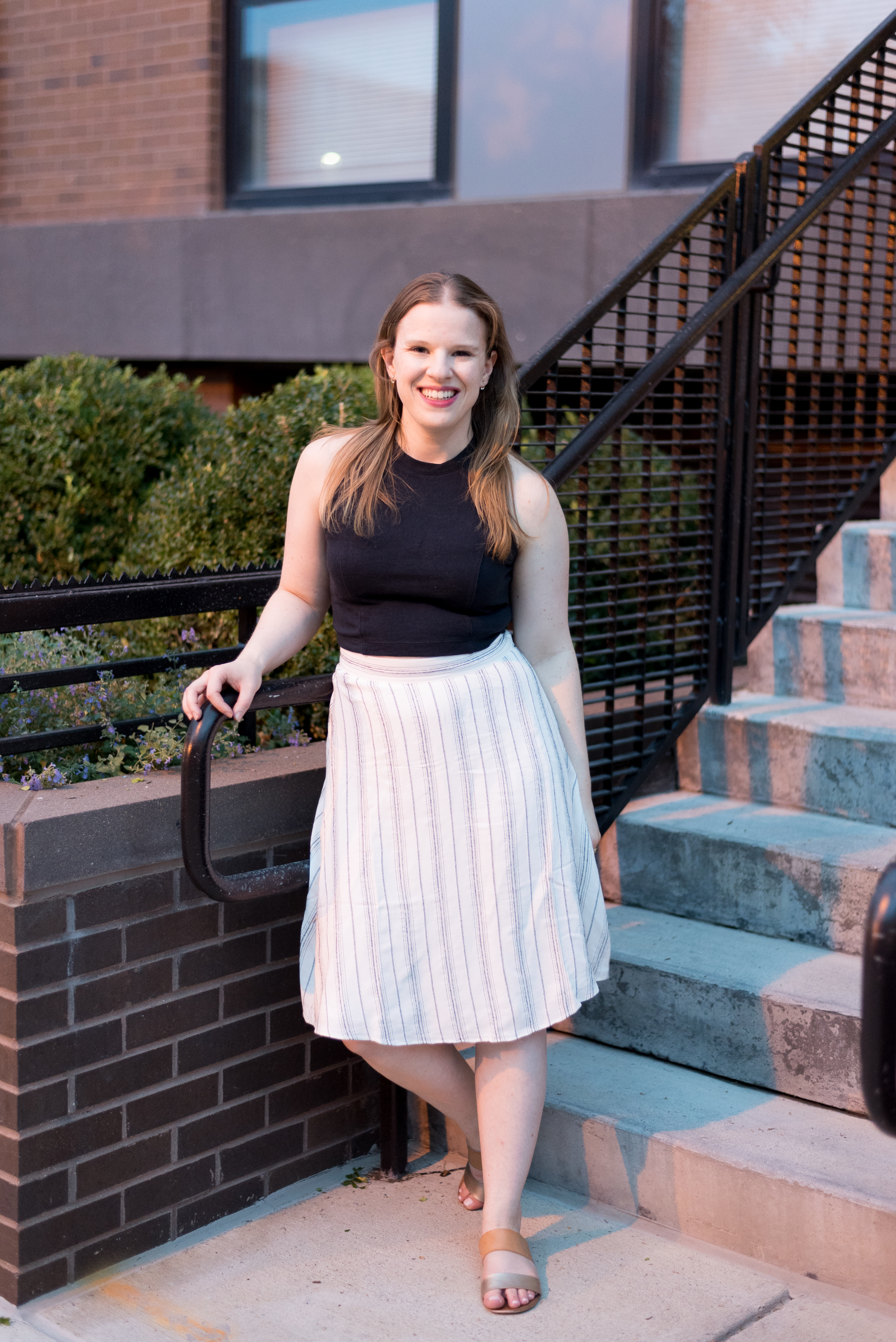 DC woman blogger wearing Loft Petite Striped Midi Skirt