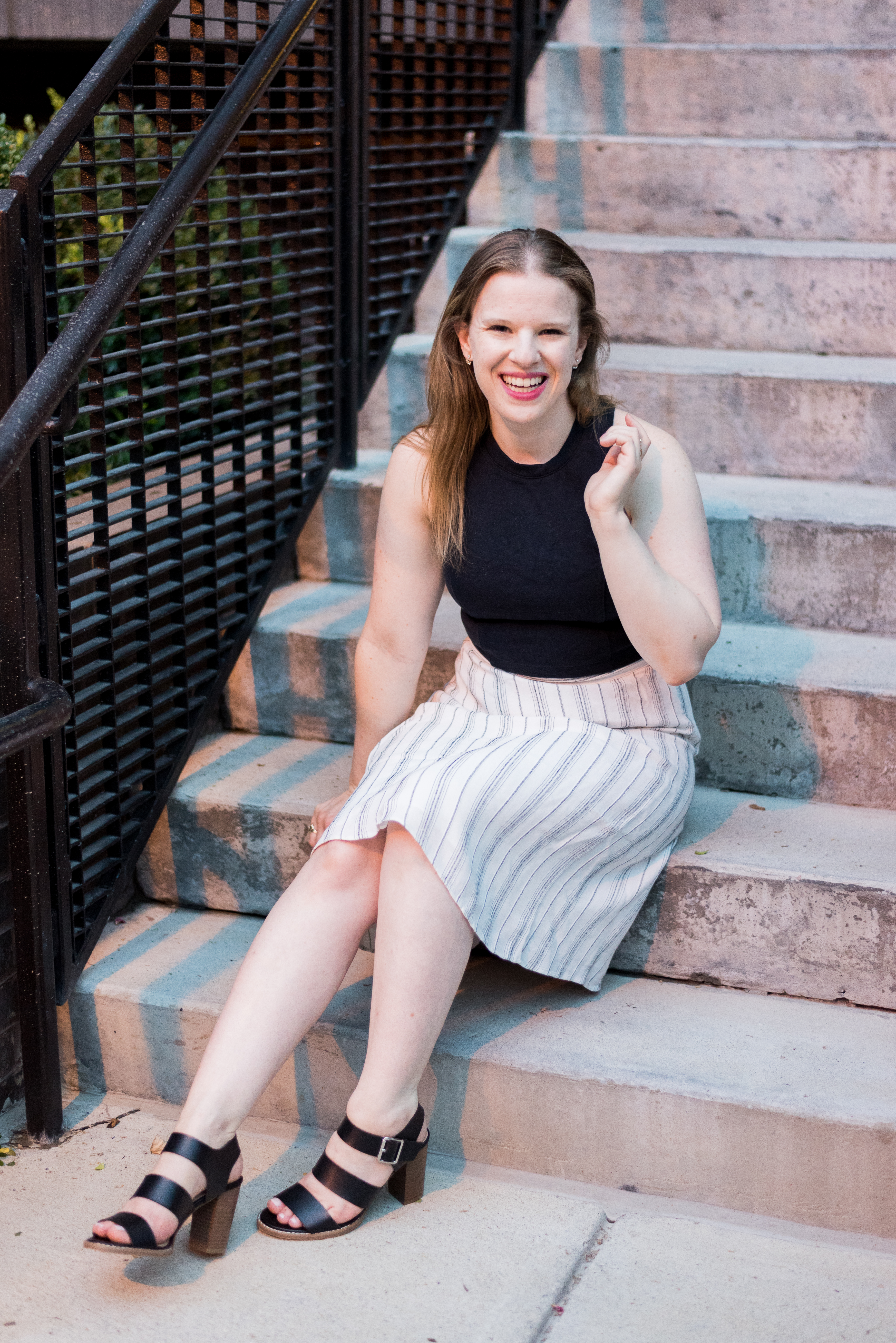 DC woman blogger wearing Loft Petite Striped Midi Skirt