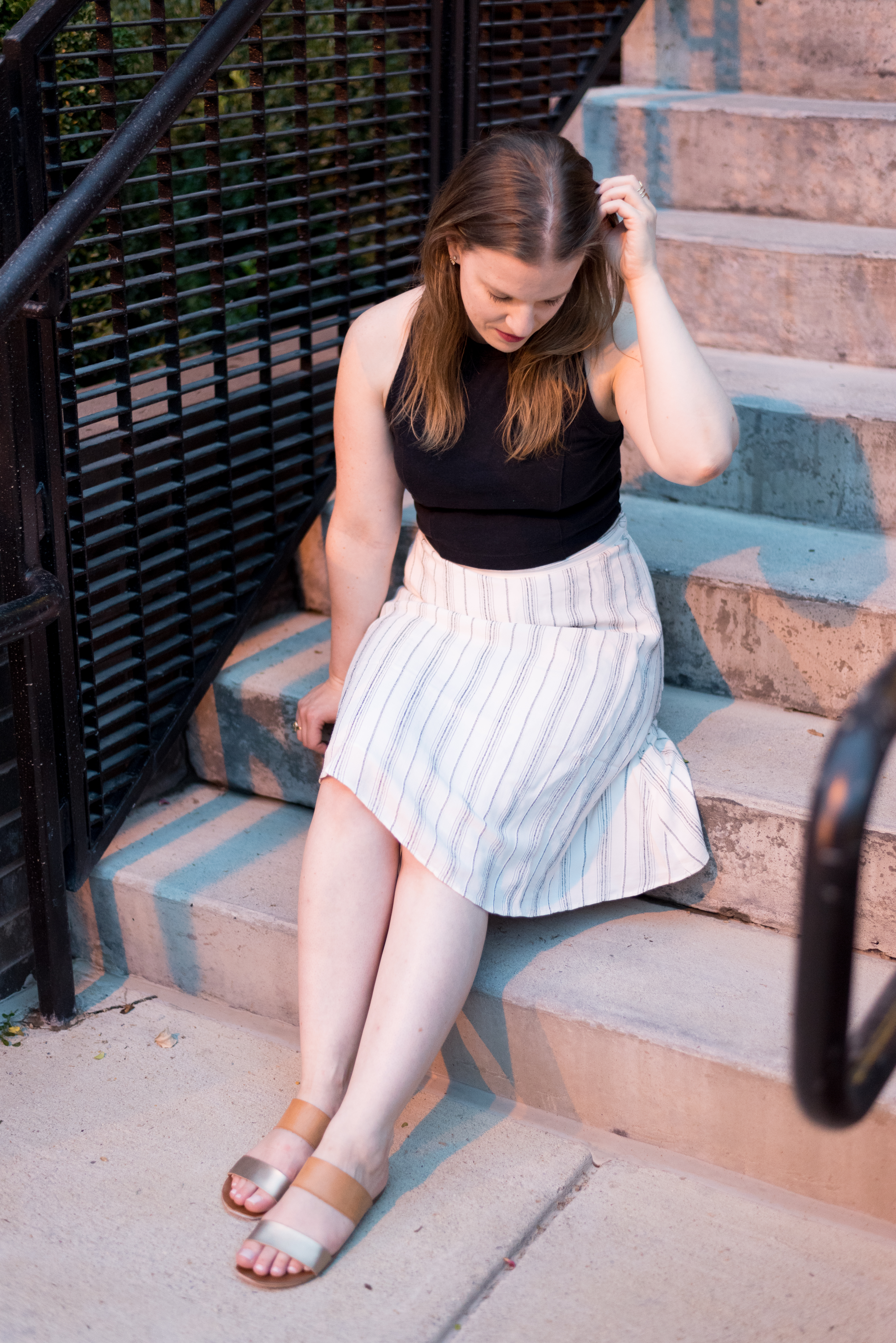 DC woman blogger wearing Loft Petite Striped Midi Skirt