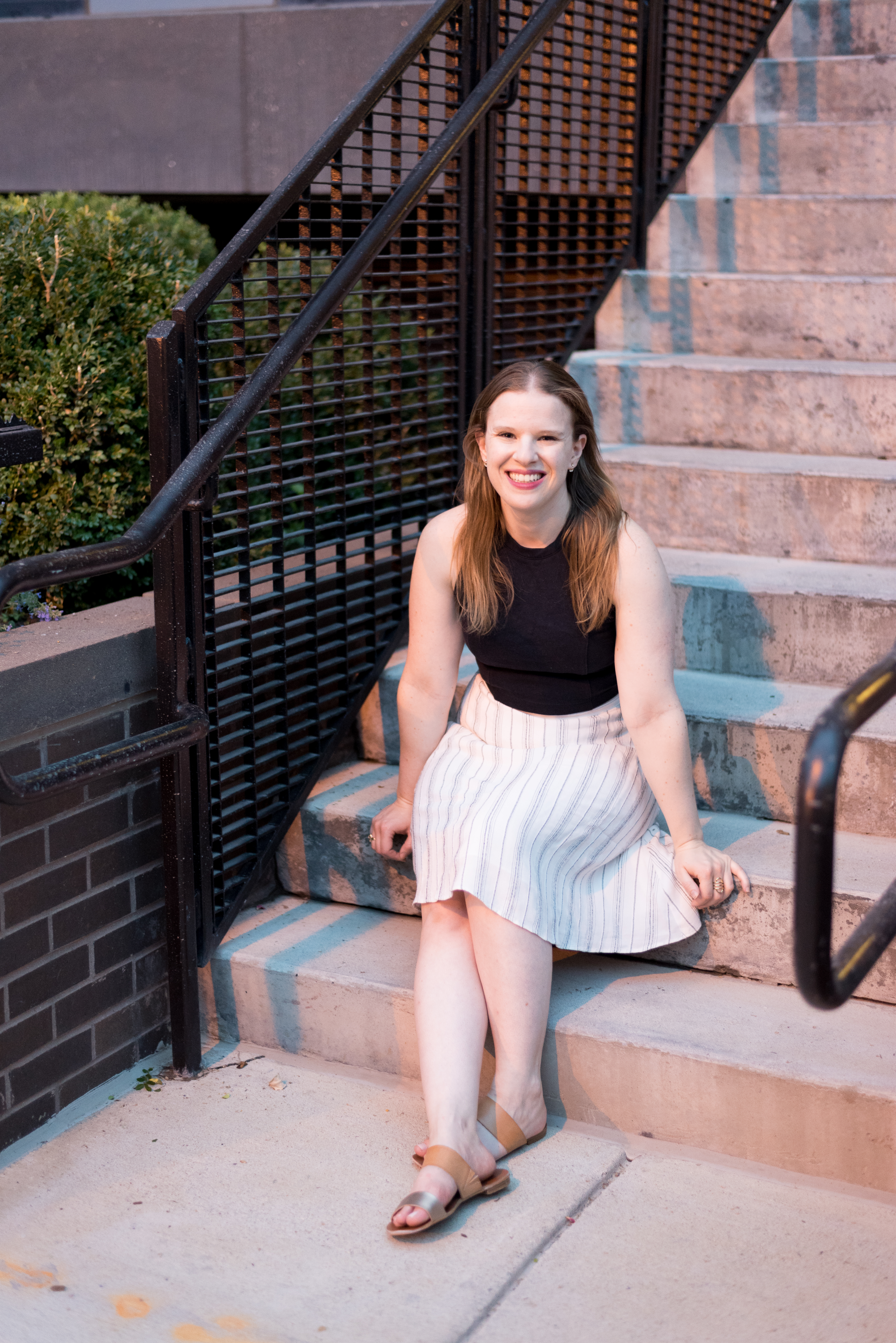 DC woman blogger wearing Loft Petite Striped Midi Skirt