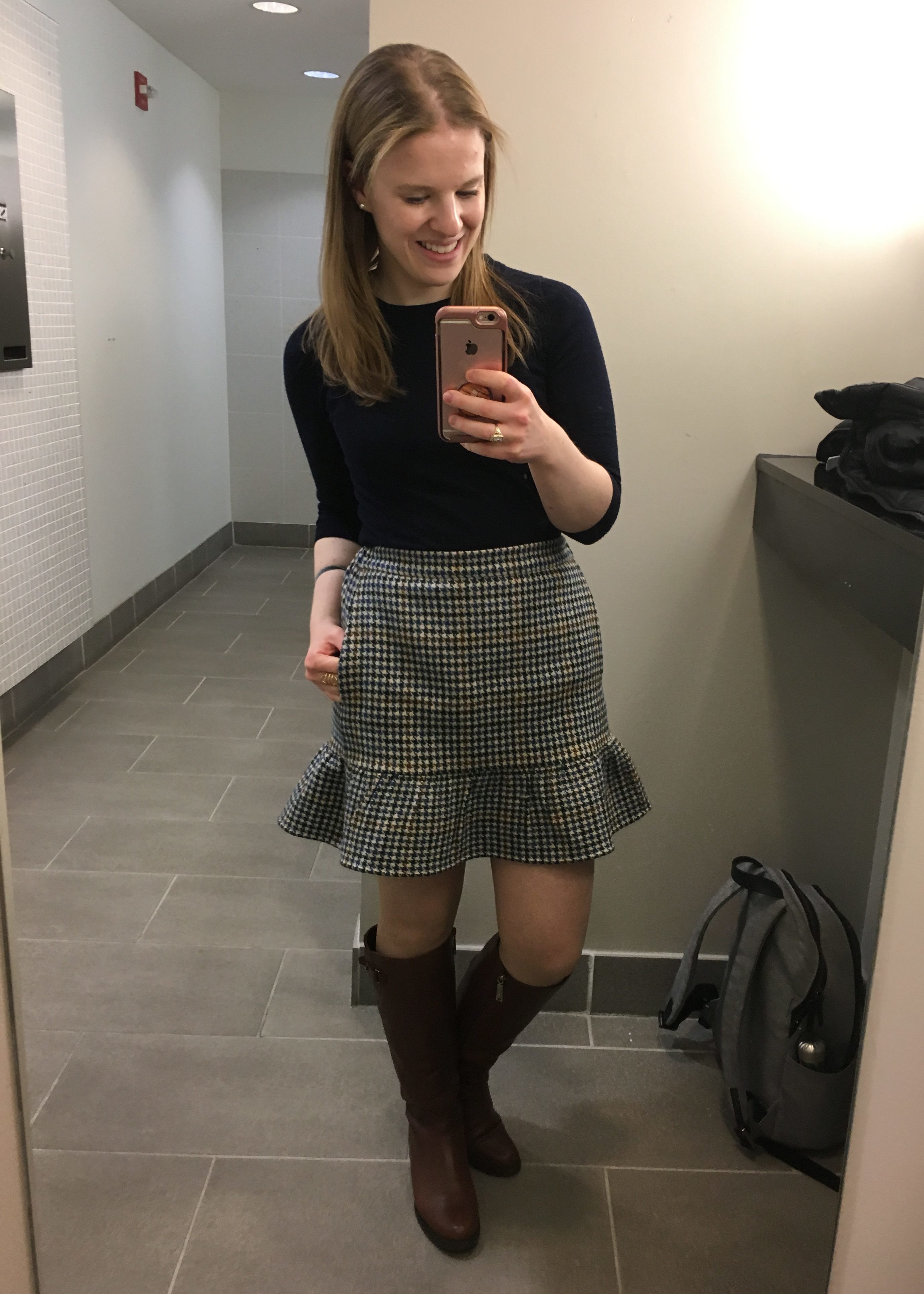 dc woman blogger wearing j.crew plaid ruffle skirt