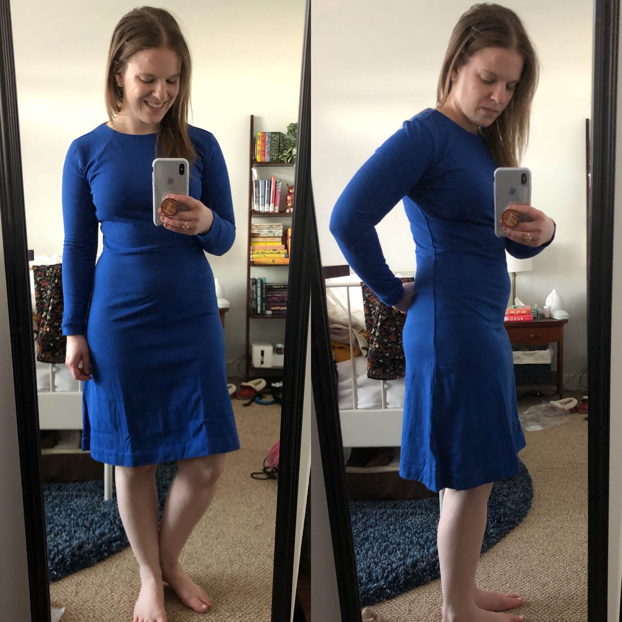 DC woman blogger wearing J.Crew 365 knit fit-and-flare dress in brilliant sapphire