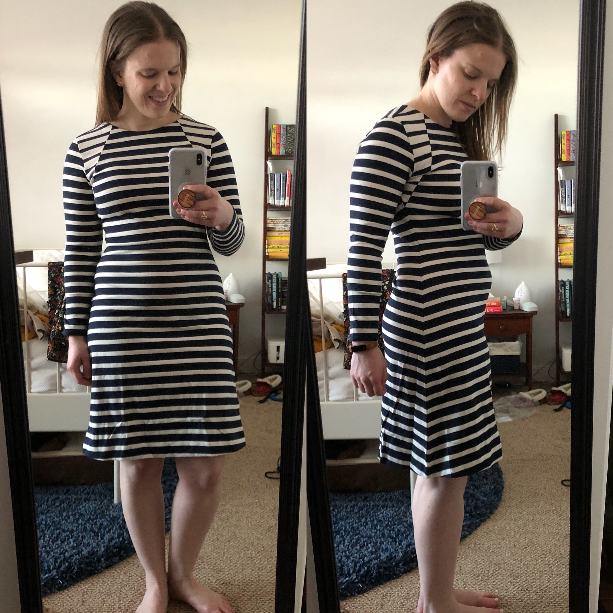 DC woman blogger wearing J.Crew 365 knit fit-and-flare dress in stripe