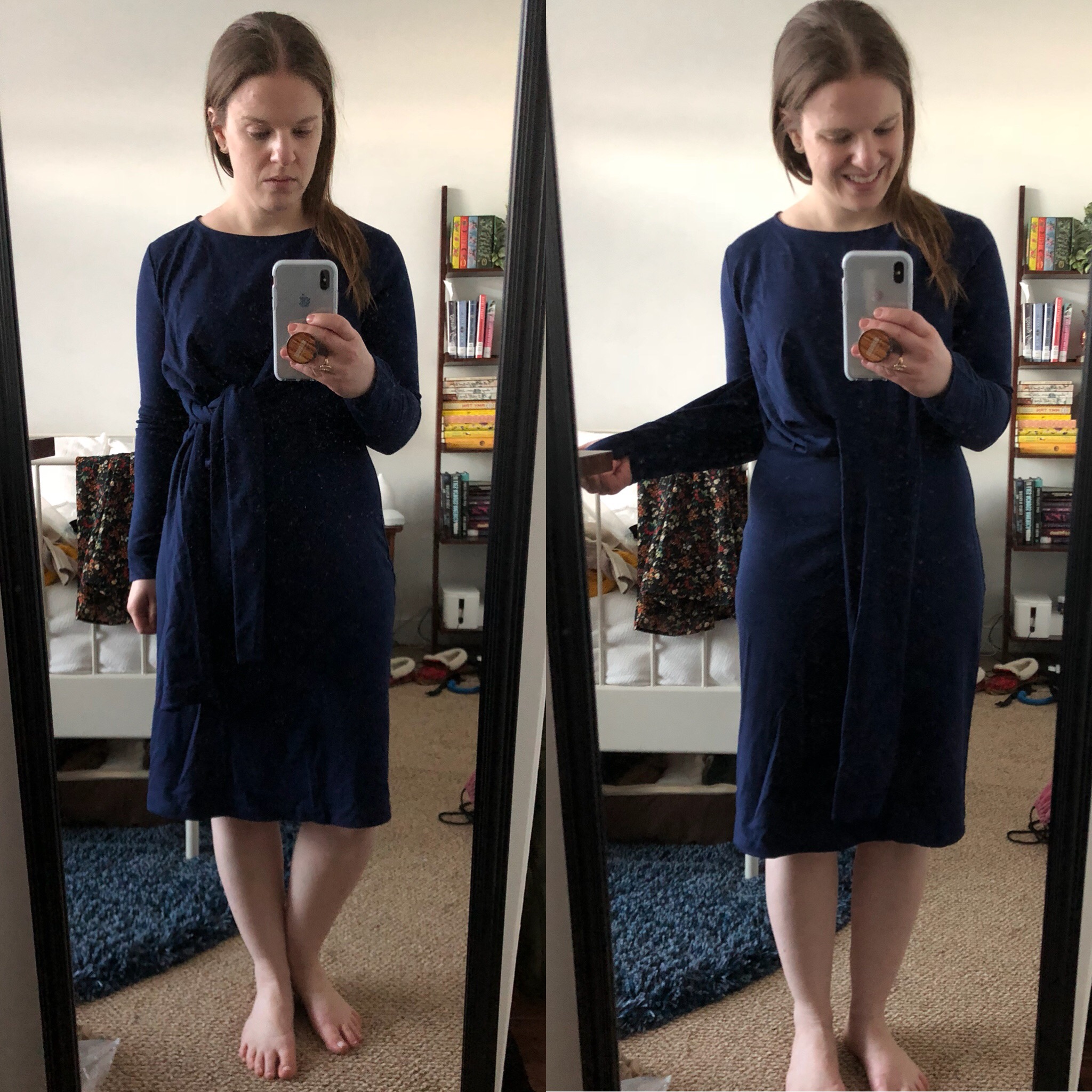 DC woman blogger wearing J.Crew Drapey tie-waist dress, Dark Ink