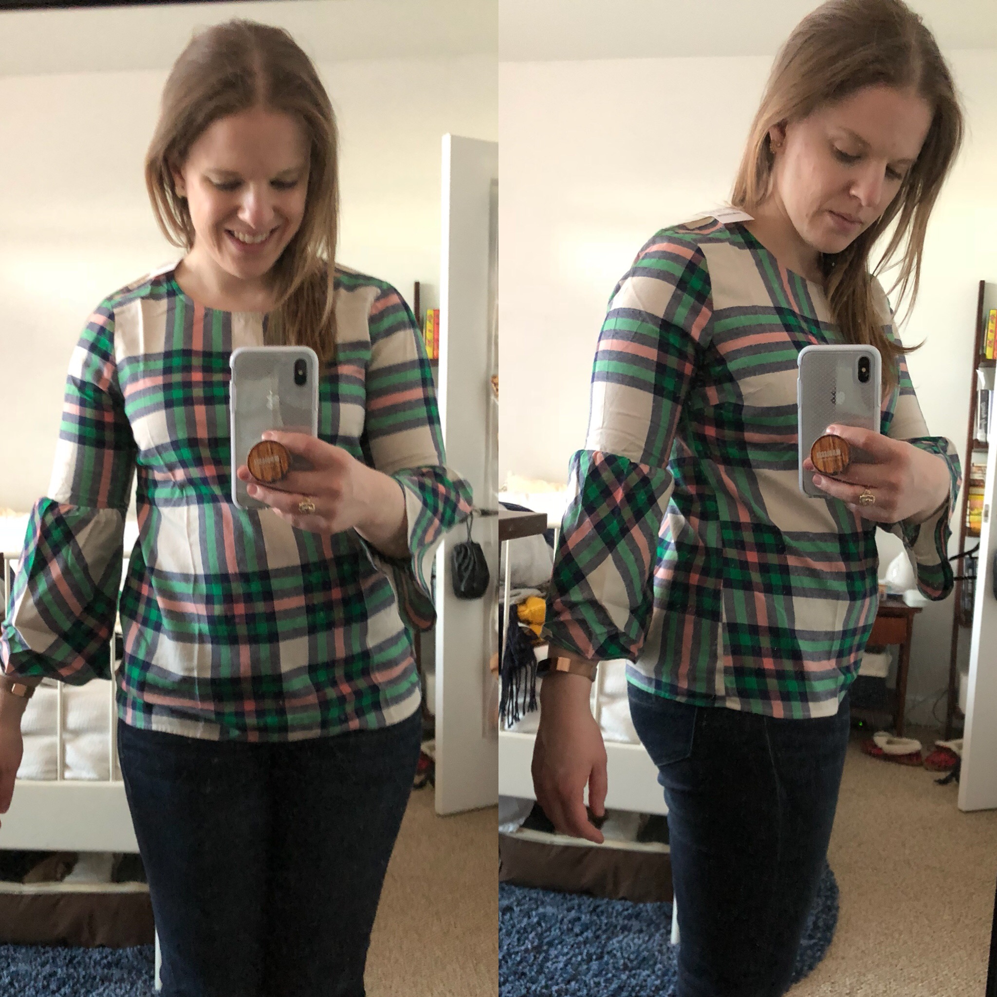 DC woman blogger wearing J.Crew Factory Flannel bell-sleeve top