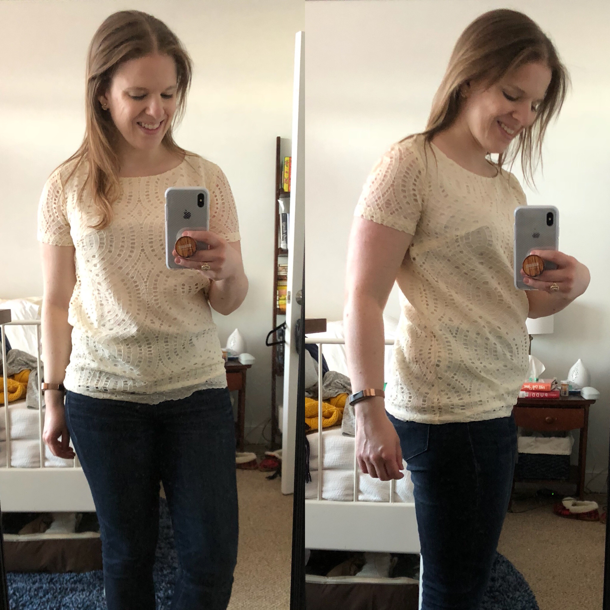 DC woman blogger wearing J.Crew Factory Lace T-shirt, Vintage Champagne