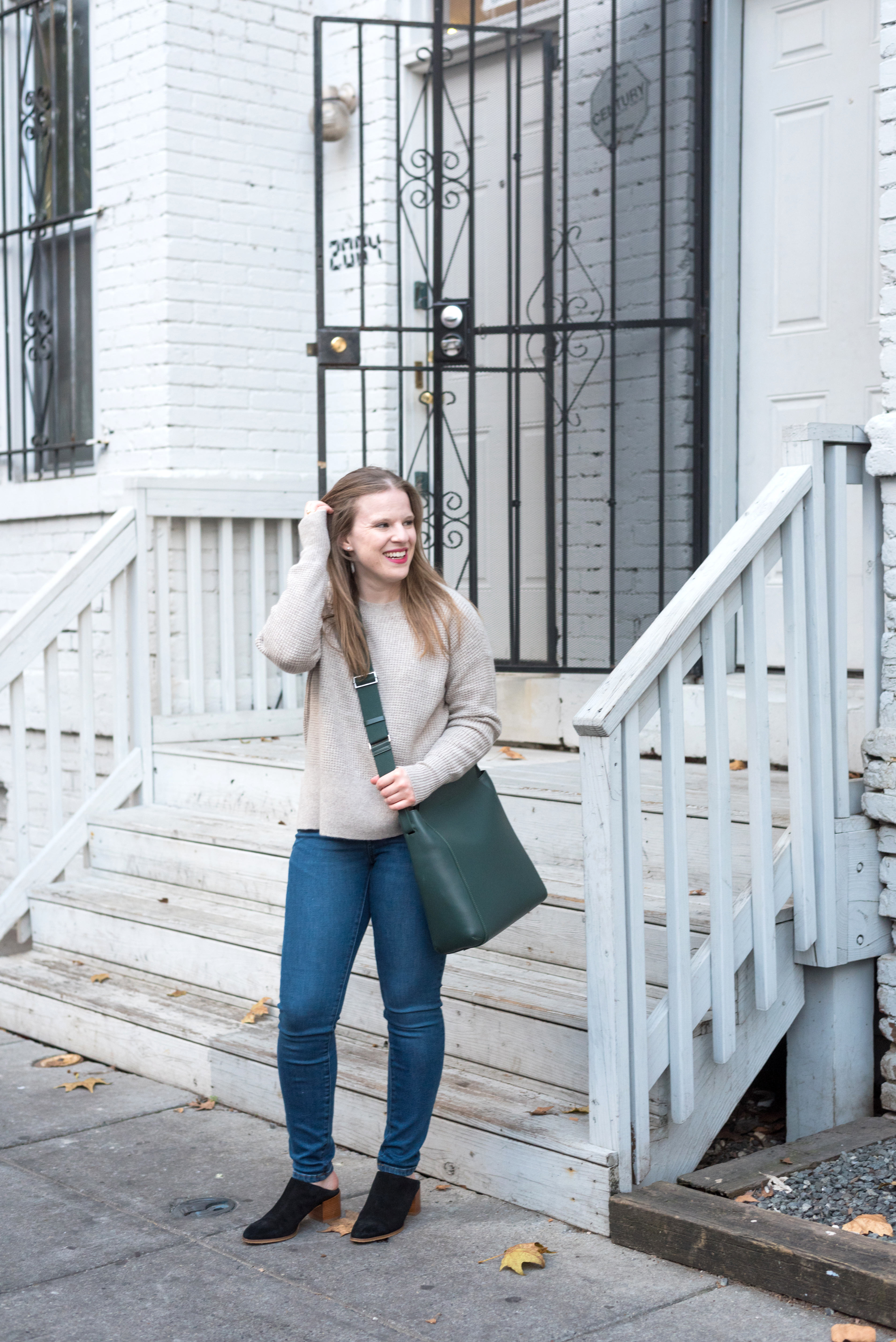 DC woman blogger wearing Everlane The Cashmere Waffle Square Crew