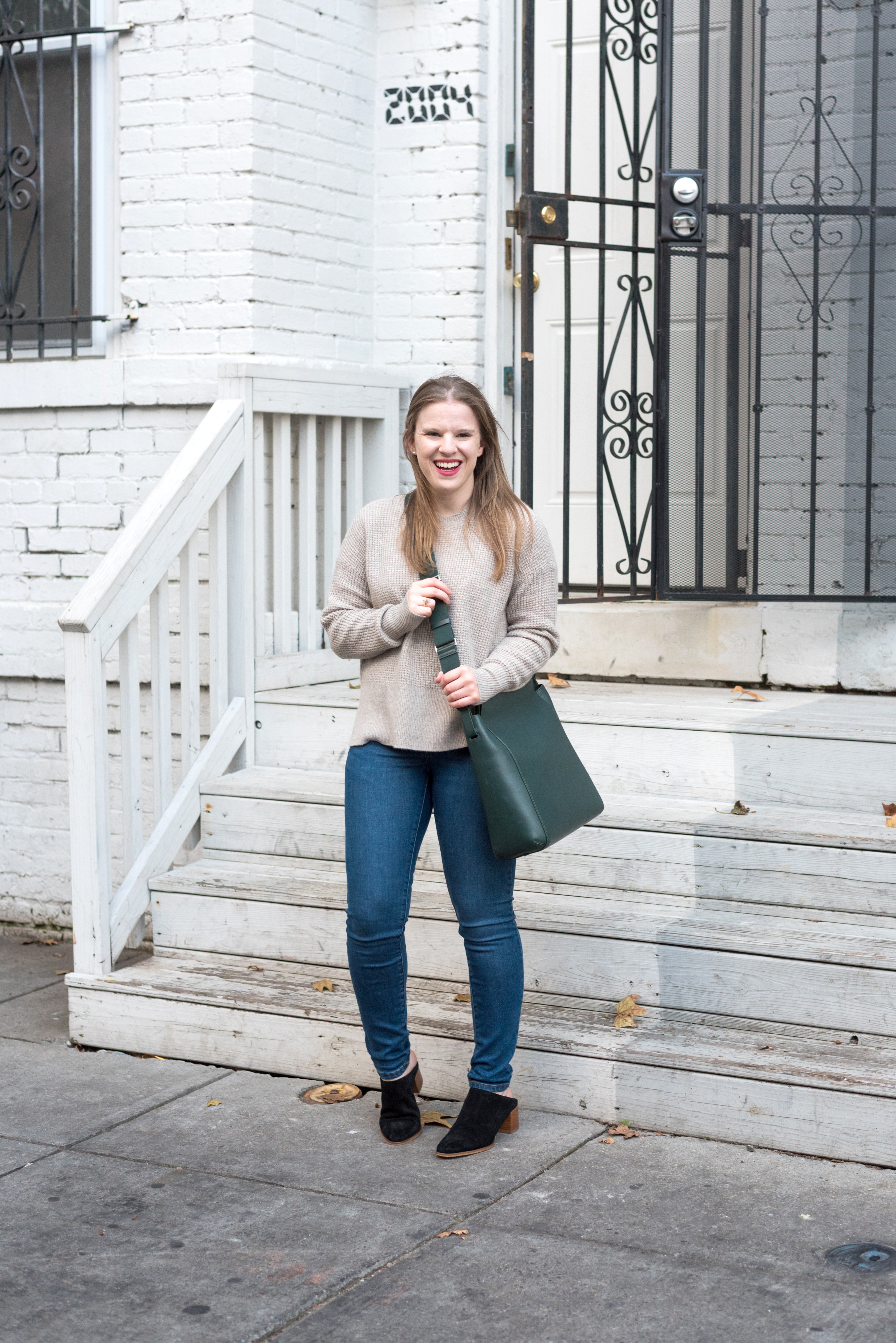 DC woman blogger wearing Everlane The Cashmere Waffle Square Crew