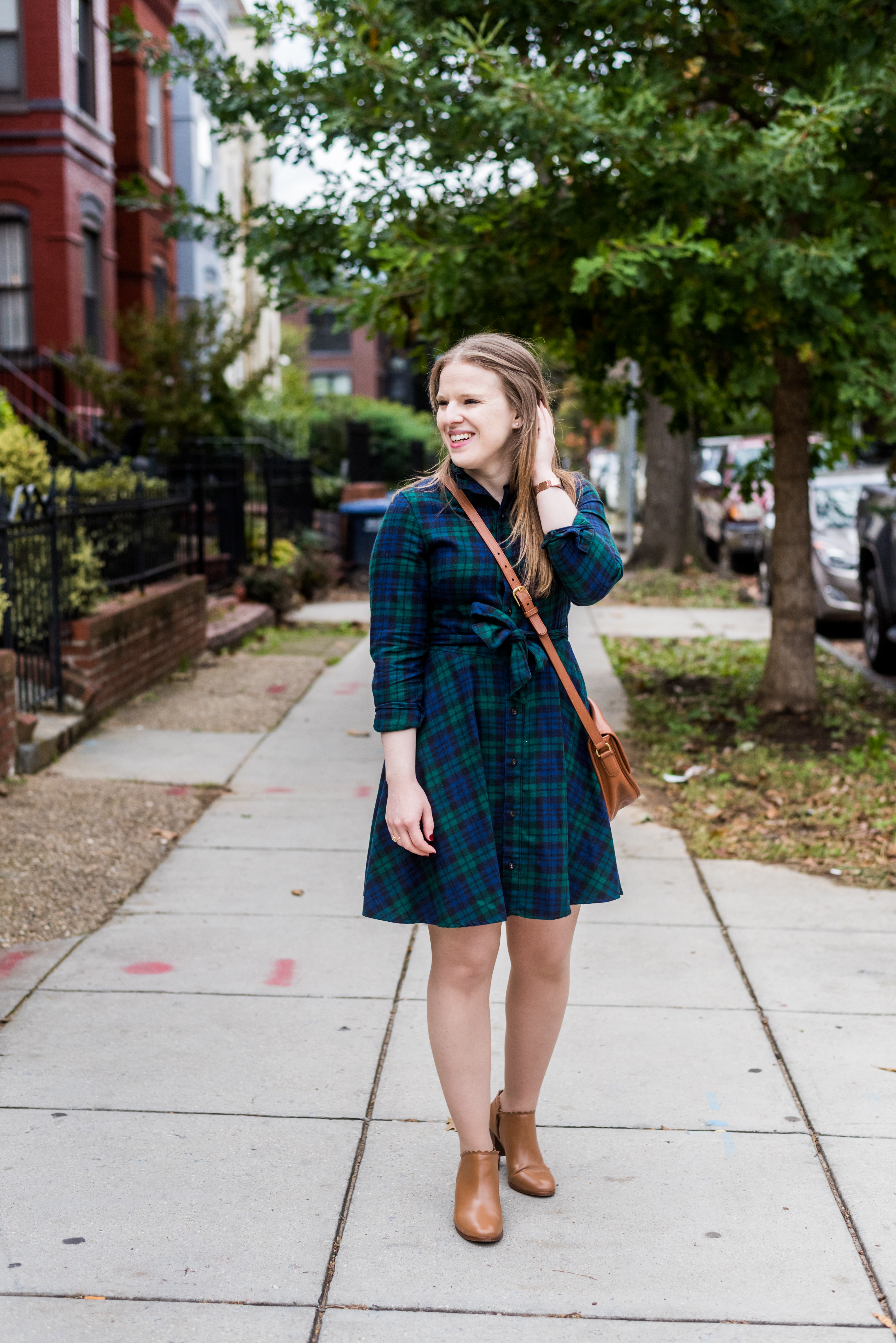 DC woman blogger wearing KJP Cozy Cabin Dress