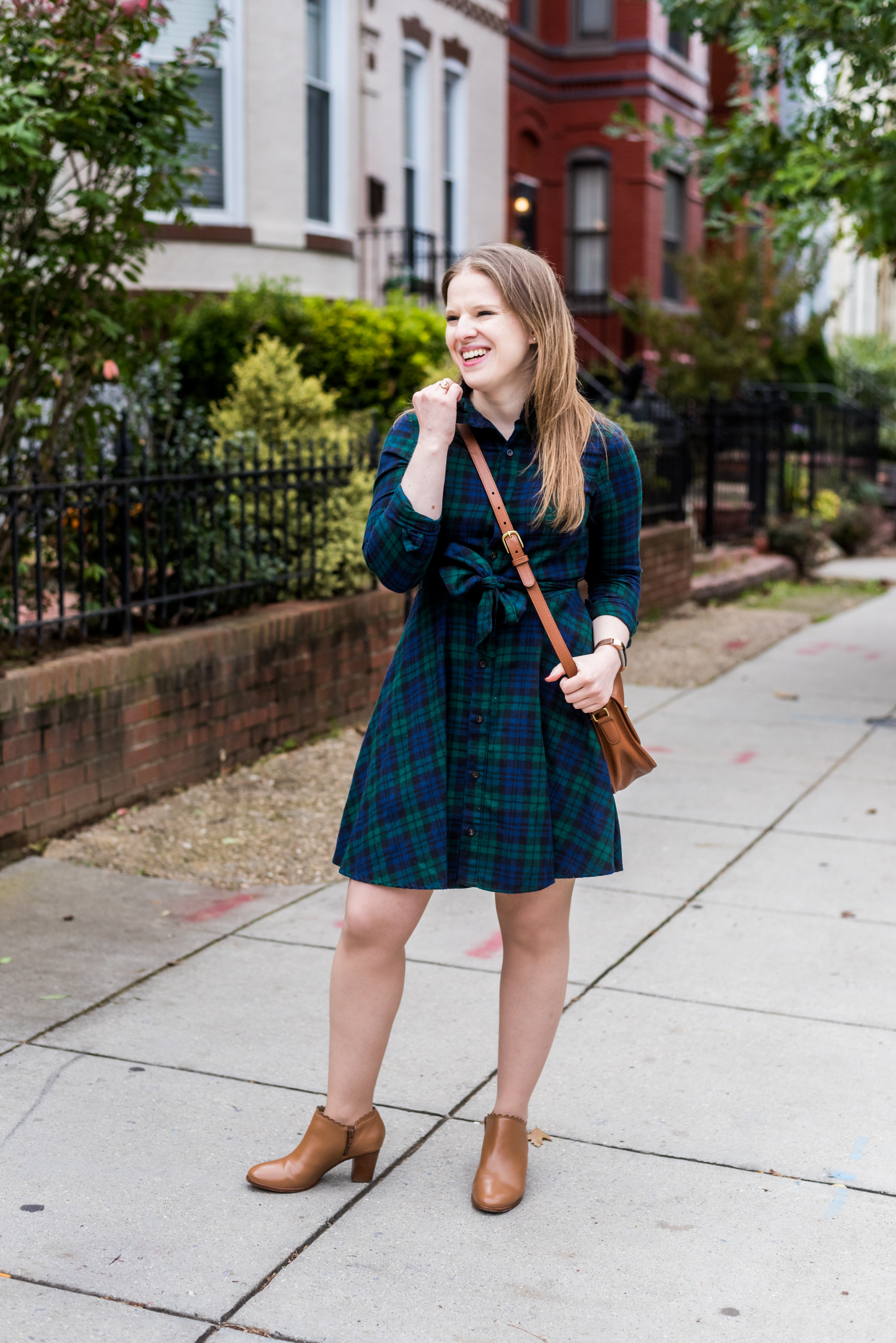 DC woman blogger wearing KJP Cozy Cabin Dress