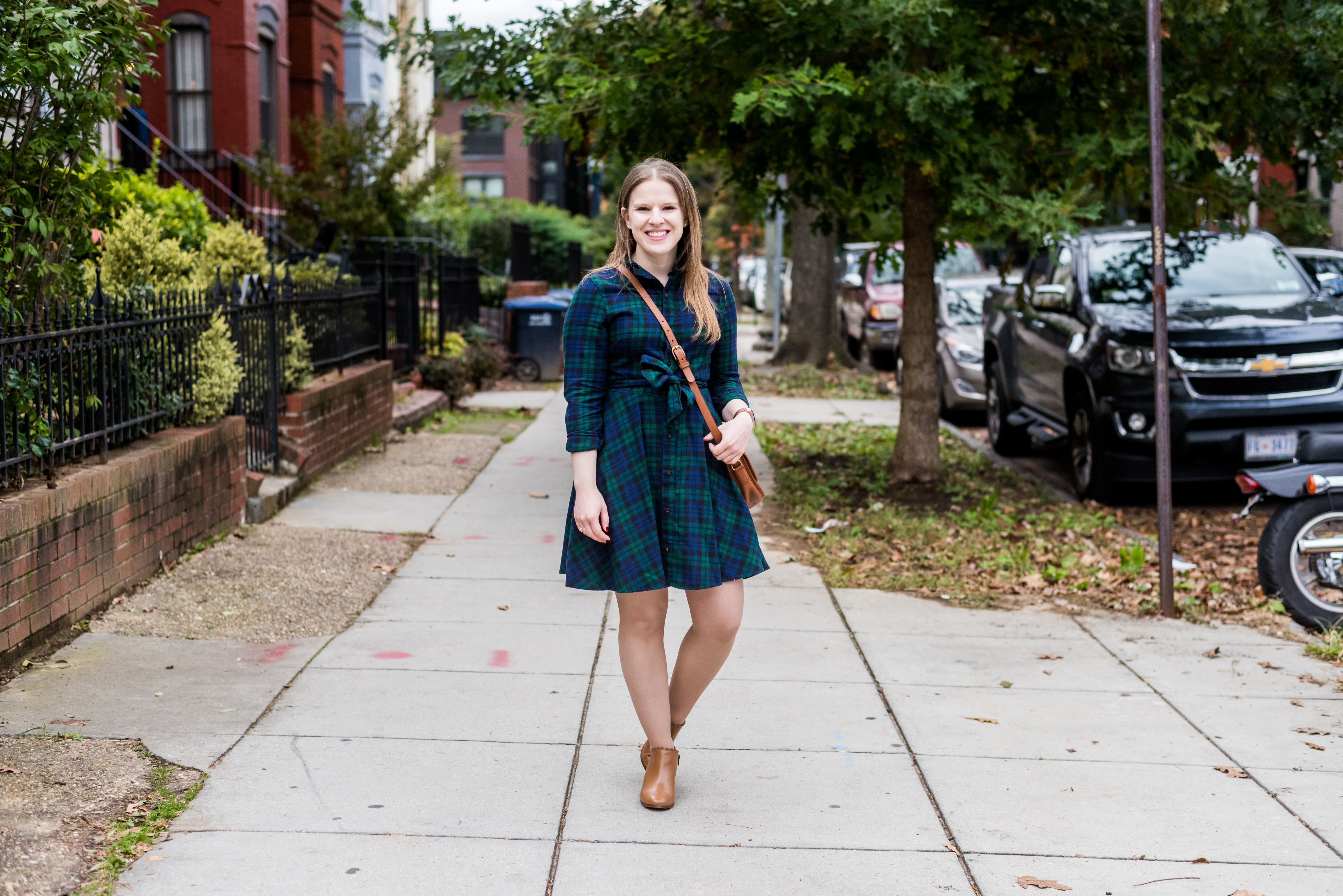 DC woman blogger wearing KJP Cozy Cabin Dress