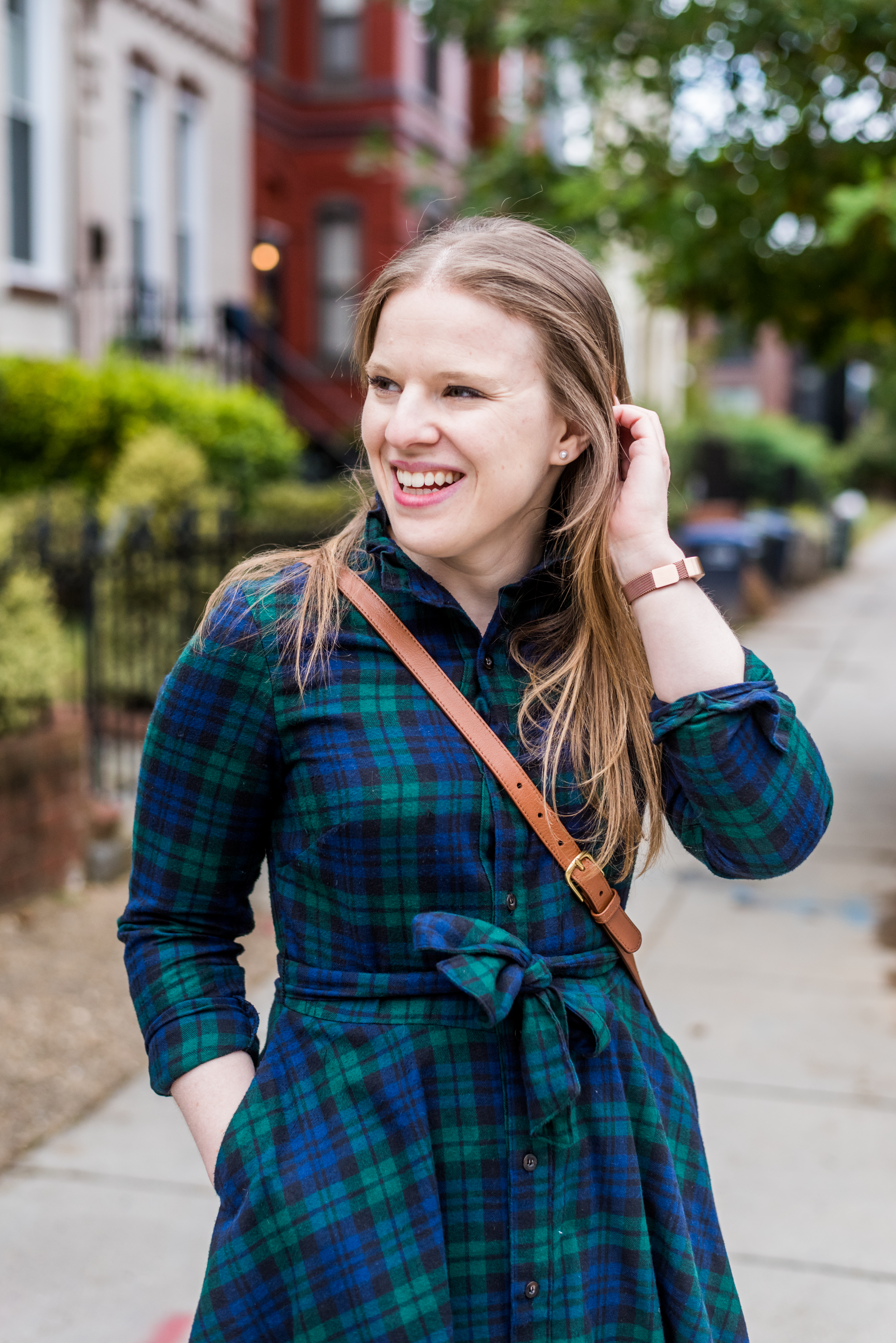 DC woman blogger wearing KJP Cozy Cabin Dress