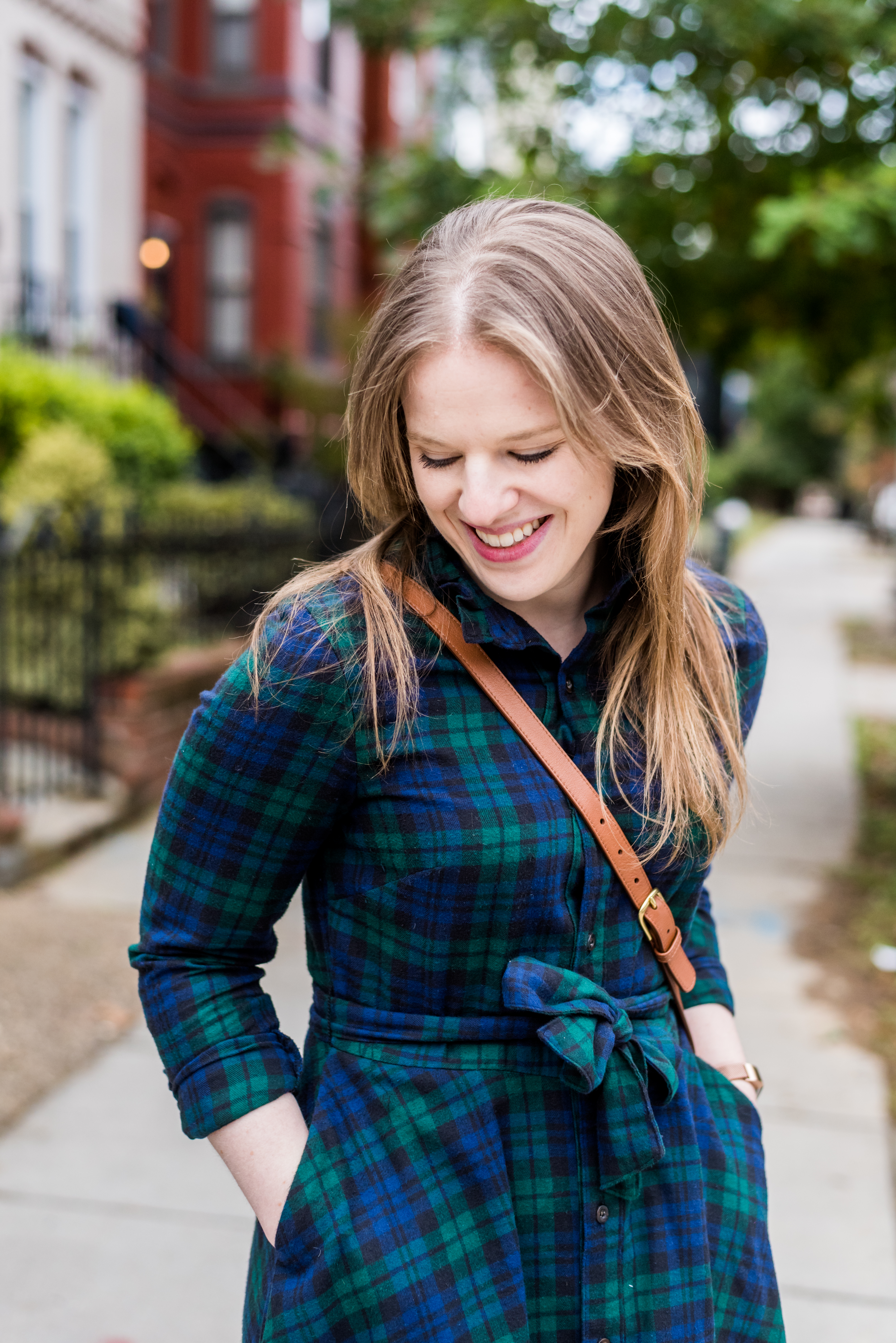 DC woman blogger wearing KJP Cozy Cabin Dress