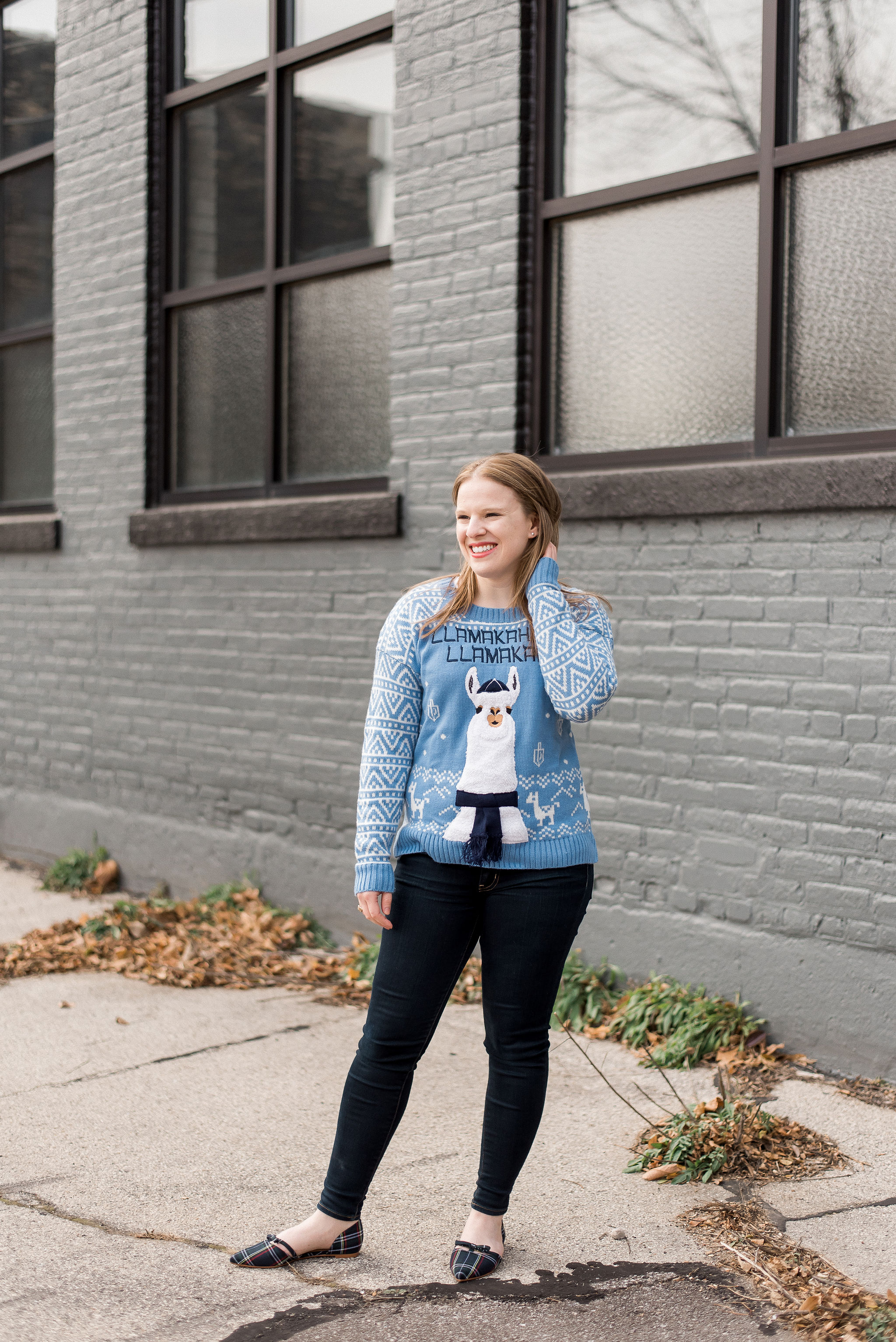 DC woman blogger wearing llama hanukkah sweater