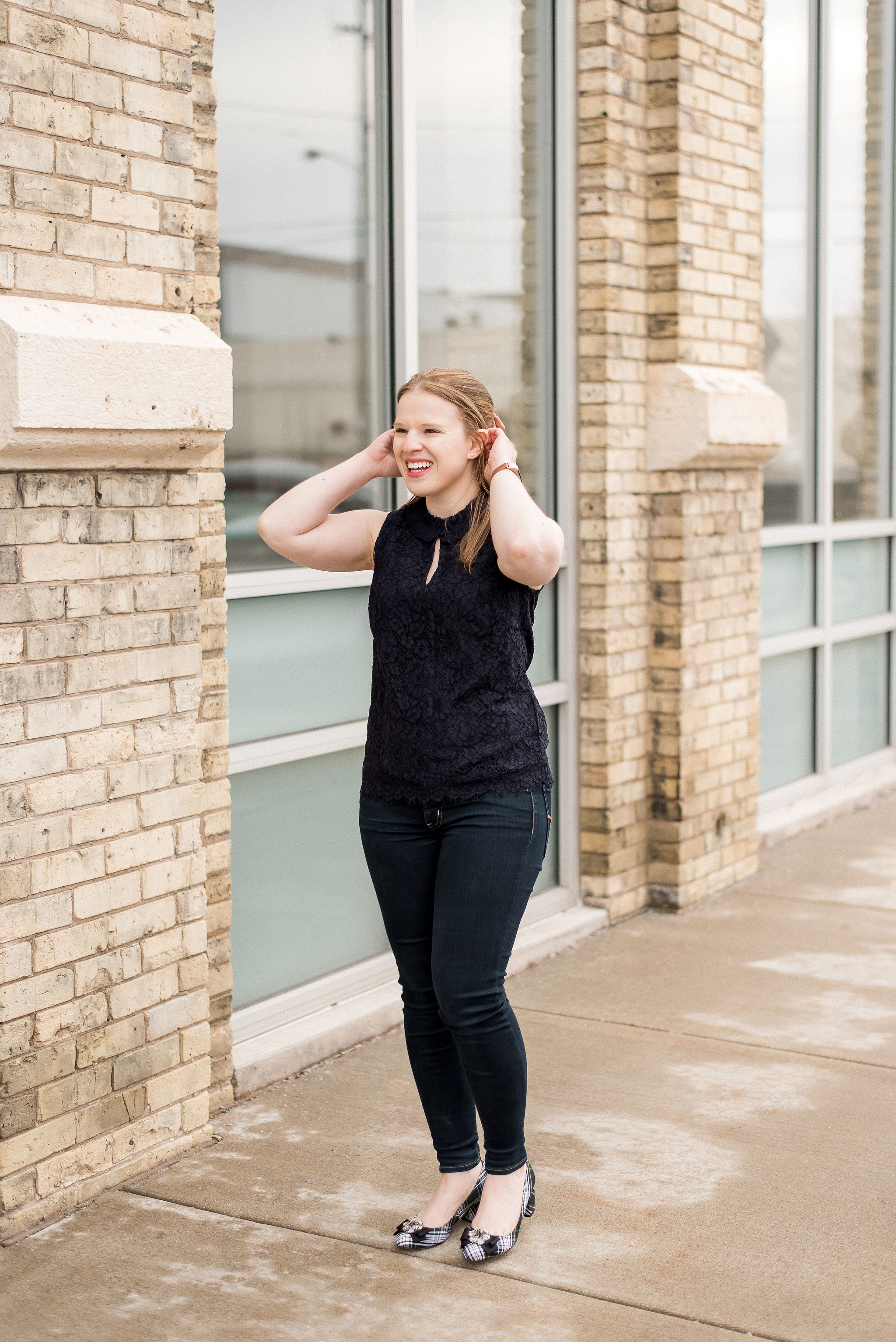 DC woman blogger wearing J.Crew lace ruffle-neck top